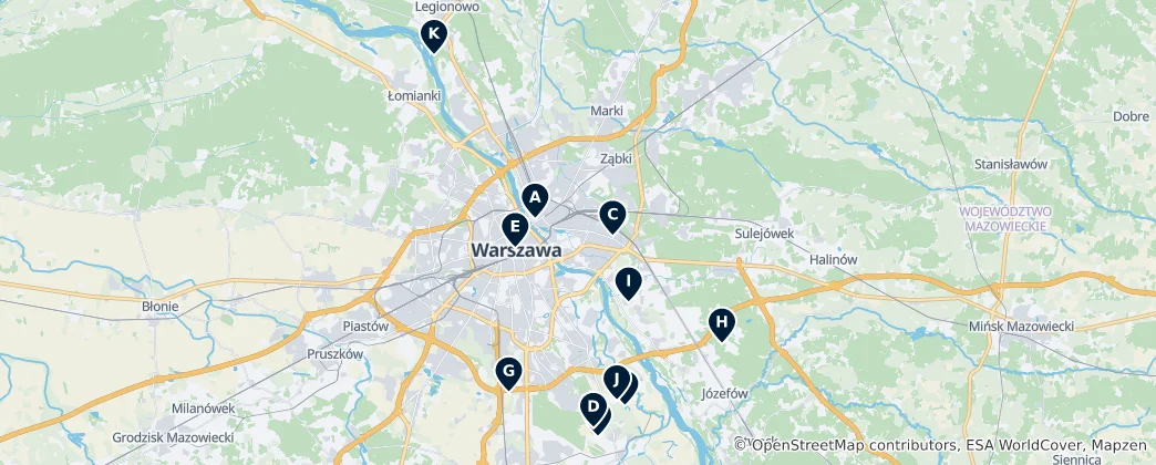 Karte von Parkanlagen und Gärten in Warschau