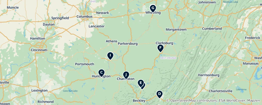 Mappa di West Virginia Highlights