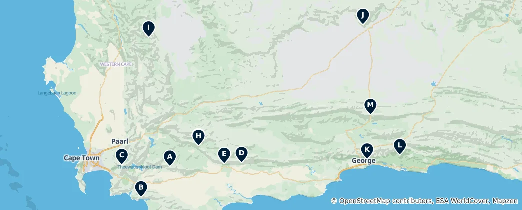 Karte von Western Cape Waterfalls