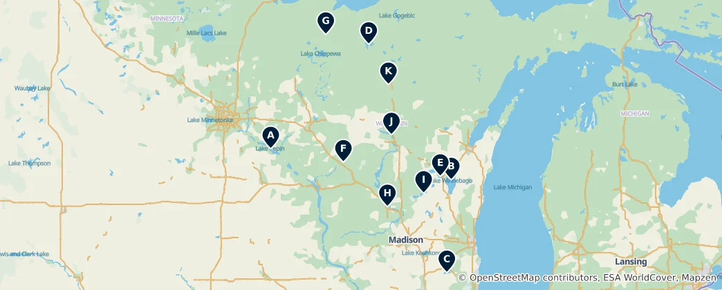 Mapa Scenic Wisconsin Lakes