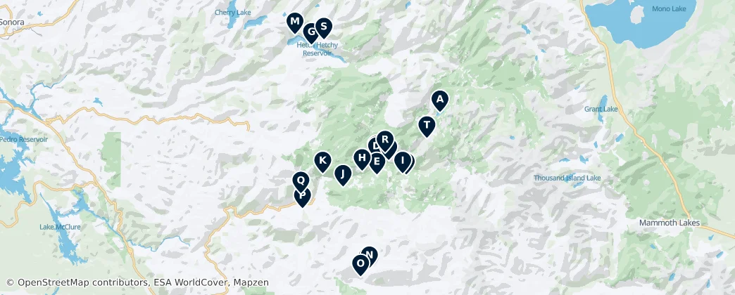Mappa di Cascate e Laghi di Yosemite