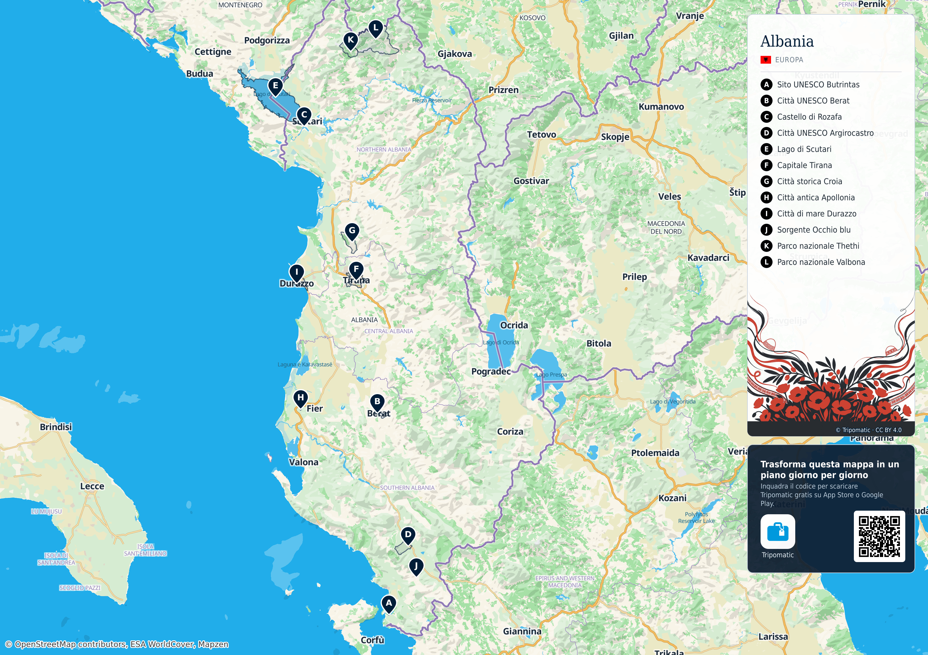 Albania – mappa turistica stampabile con le migliori attrazioni numerate