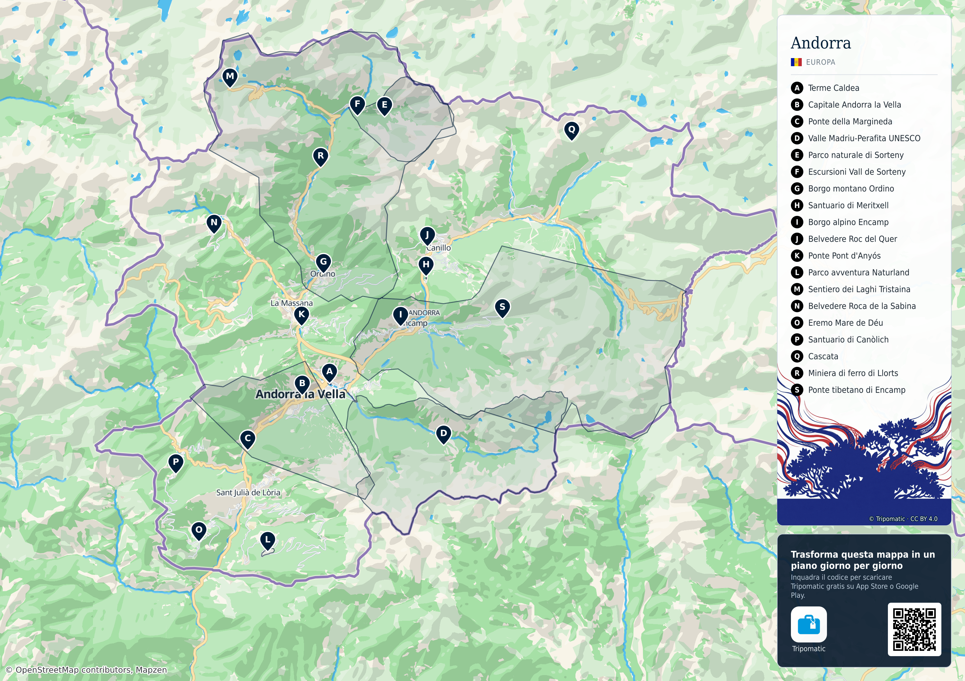 Andorra – mappa turistica stampabile con le migliori attrazioni numerate