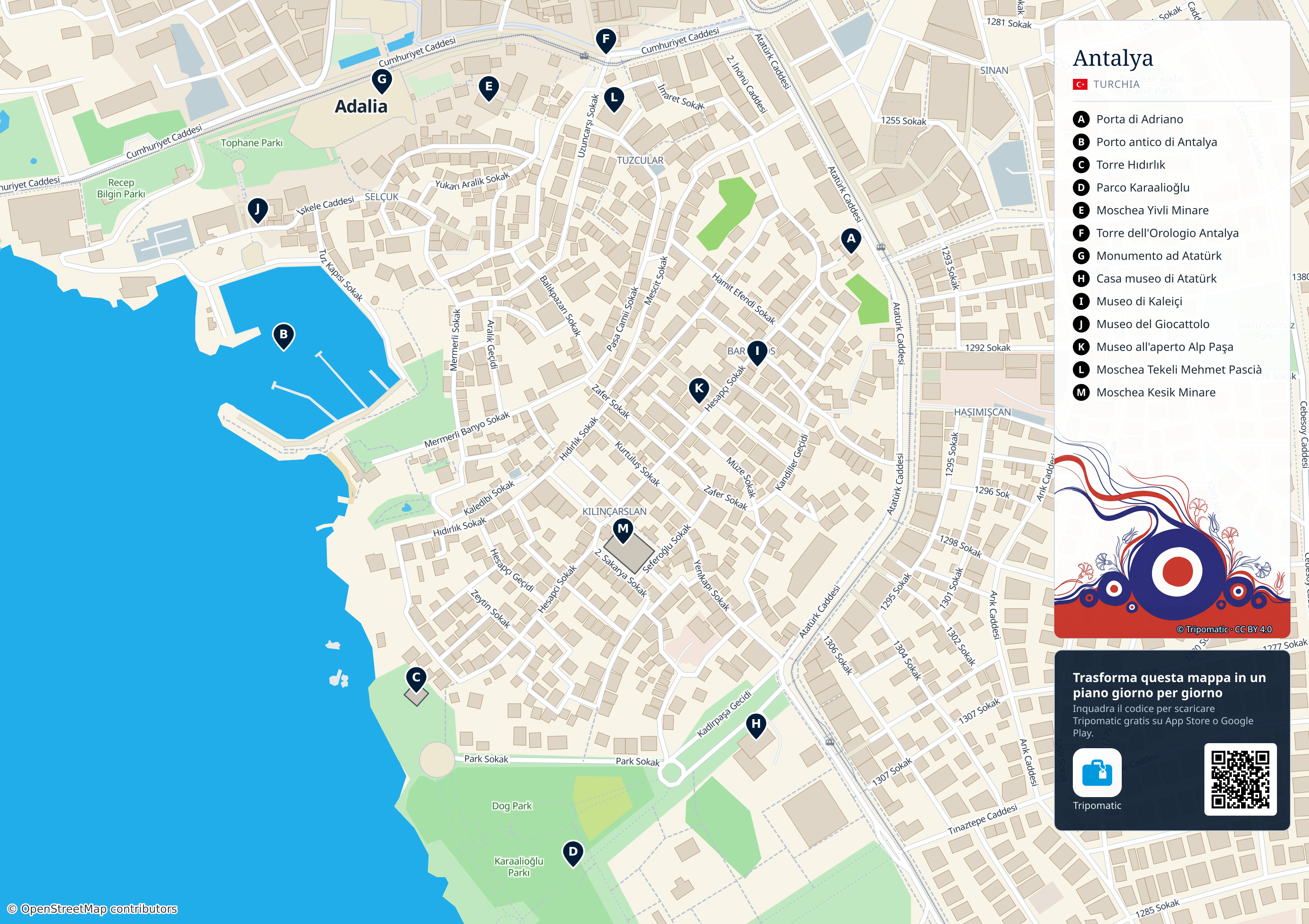 Adalia – mappa turistica stampabile con le migliori attrazioni numerate