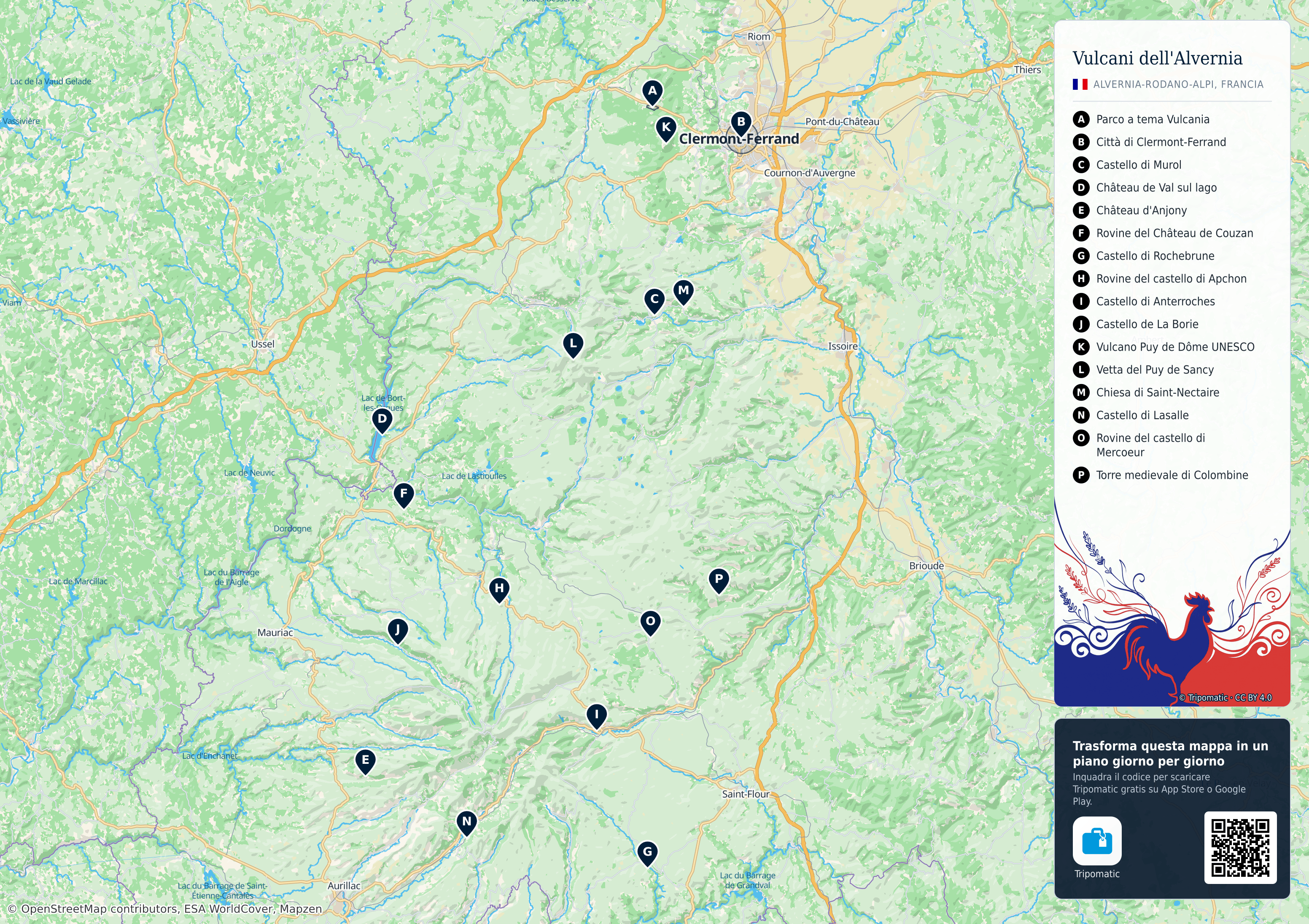 Parco naturale regionale dei vulcani dell'Alvernia – mappa turistica stampabile con le migliori attrazioni numerate