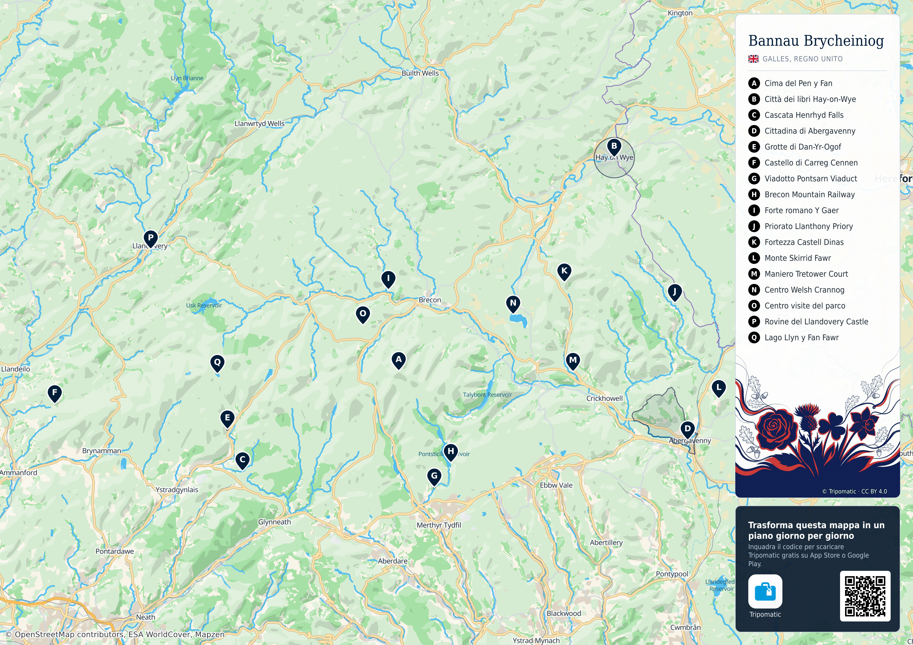 Parco nazionale di Bannau Brycheiniog – mappa turistica stampabile con le migliori attrazioni numerate
