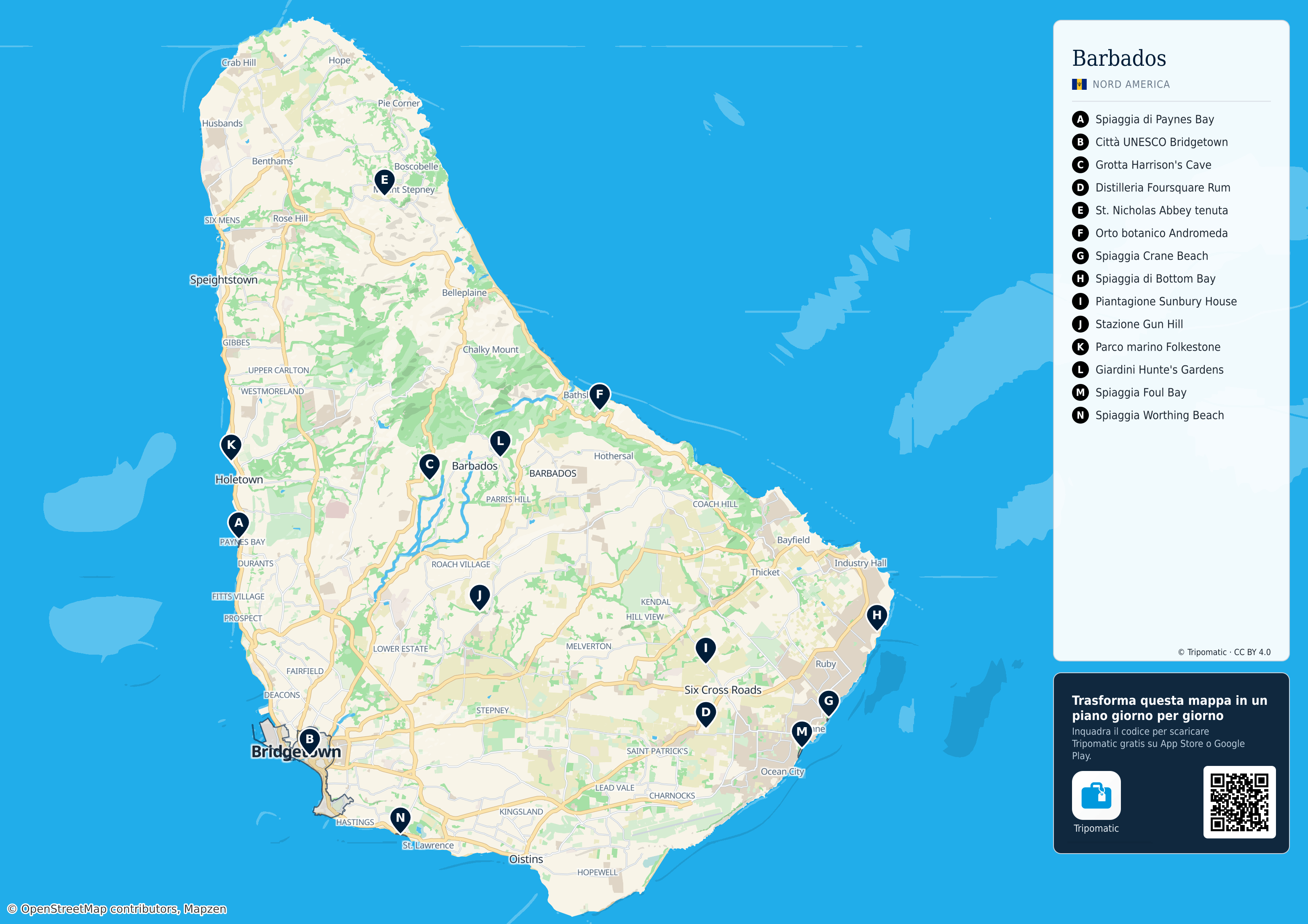 Barbados – mappa turistica stampabile con le migliori attrazioni numerate