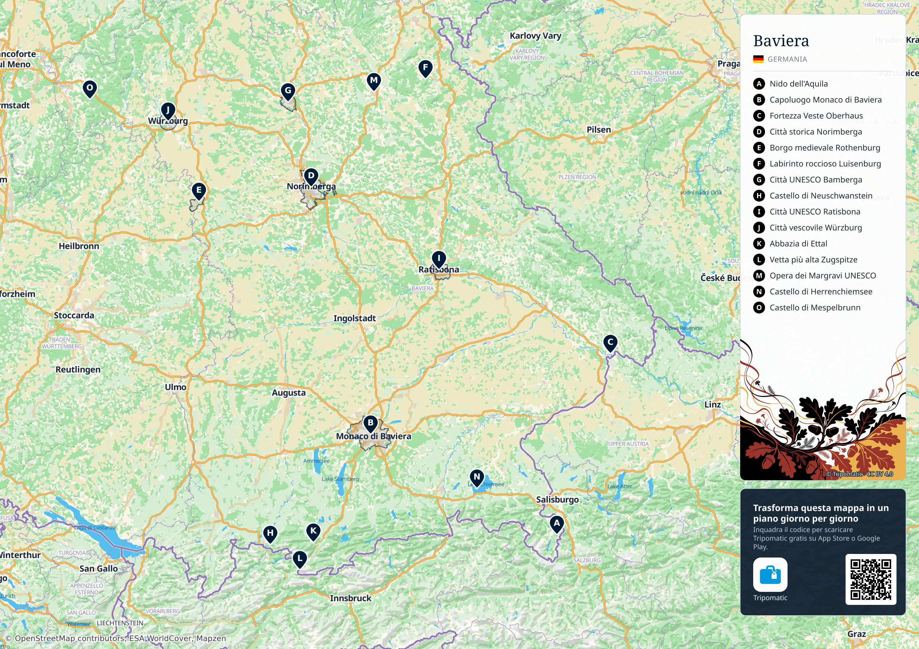 Baviera – mappa turistica stampabile con le migliori attrazioni numerate