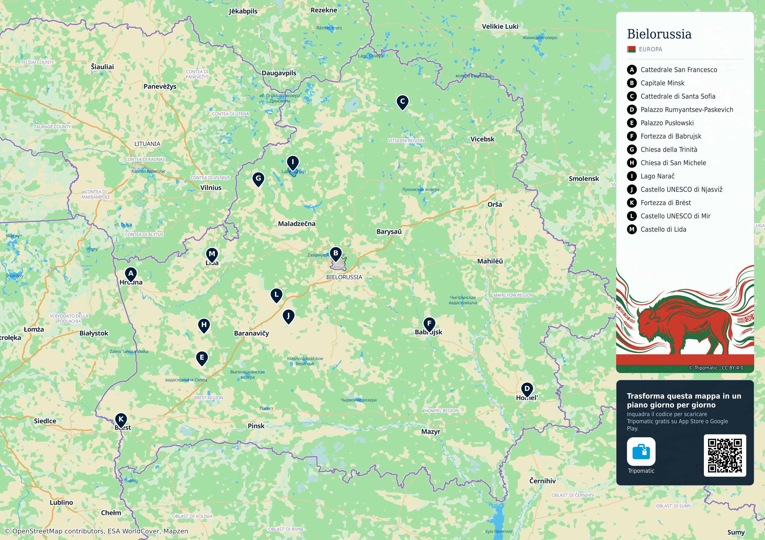 Bielorussia – mappa turistica stampabile con le migliori attrazioni numerate