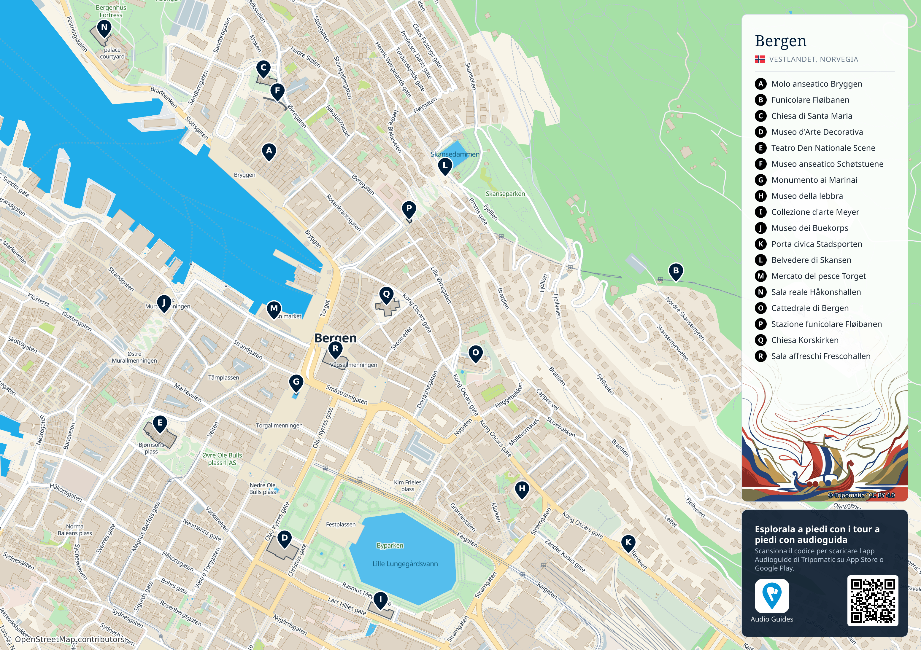 Bergen – mappa turistica stampabile con le migliori attrazioni numerate