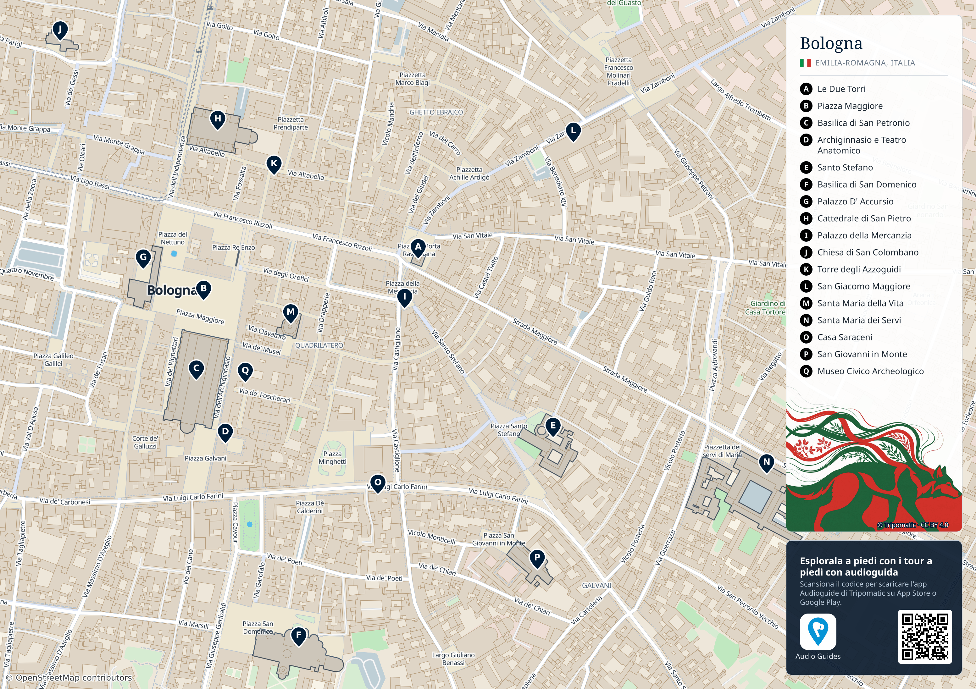 Bologna – mappa turistica stampabile con le migliori attrazioni numerate