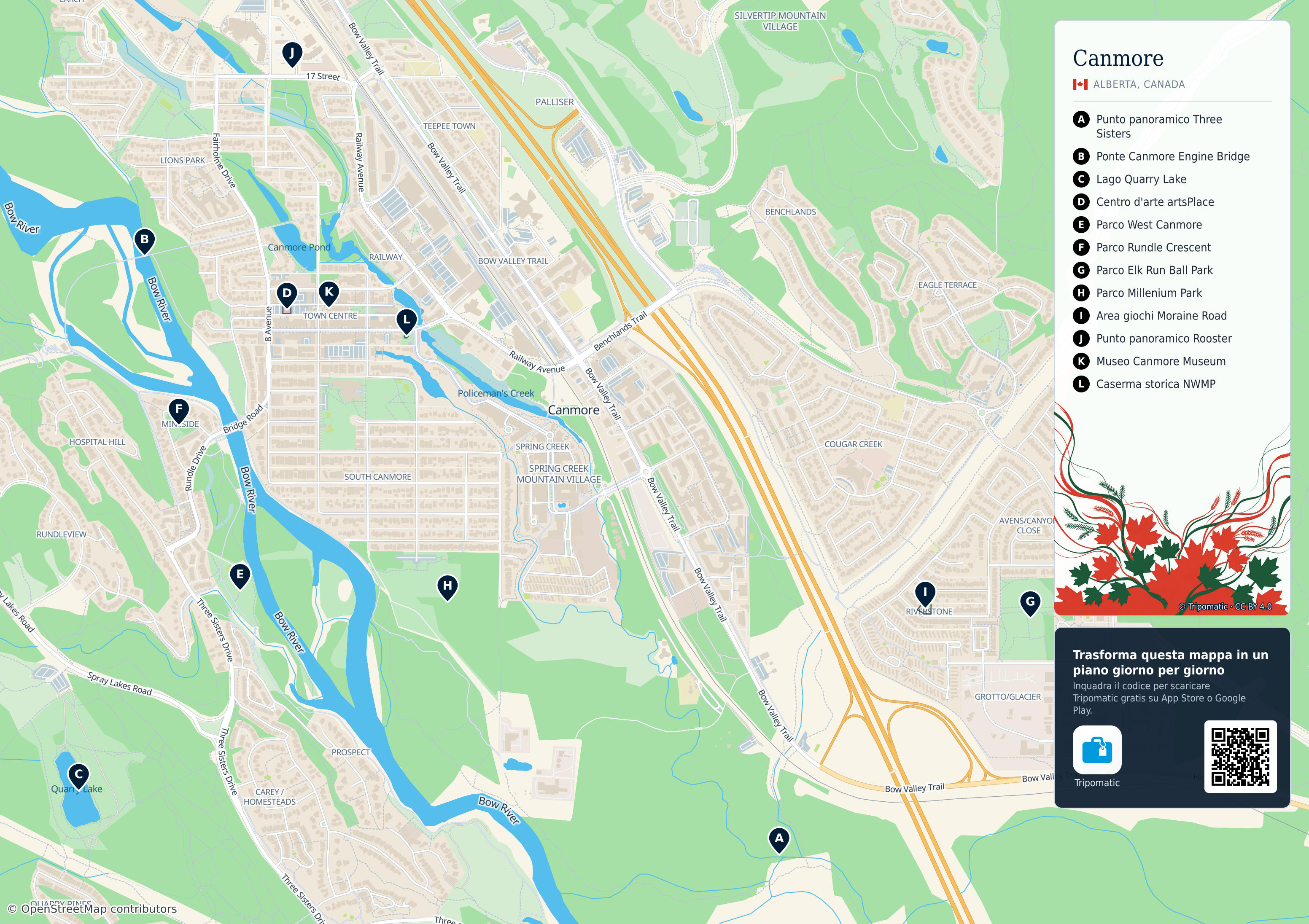Canmore – mappa turistica stampabile con le migliori attrazioni numerate