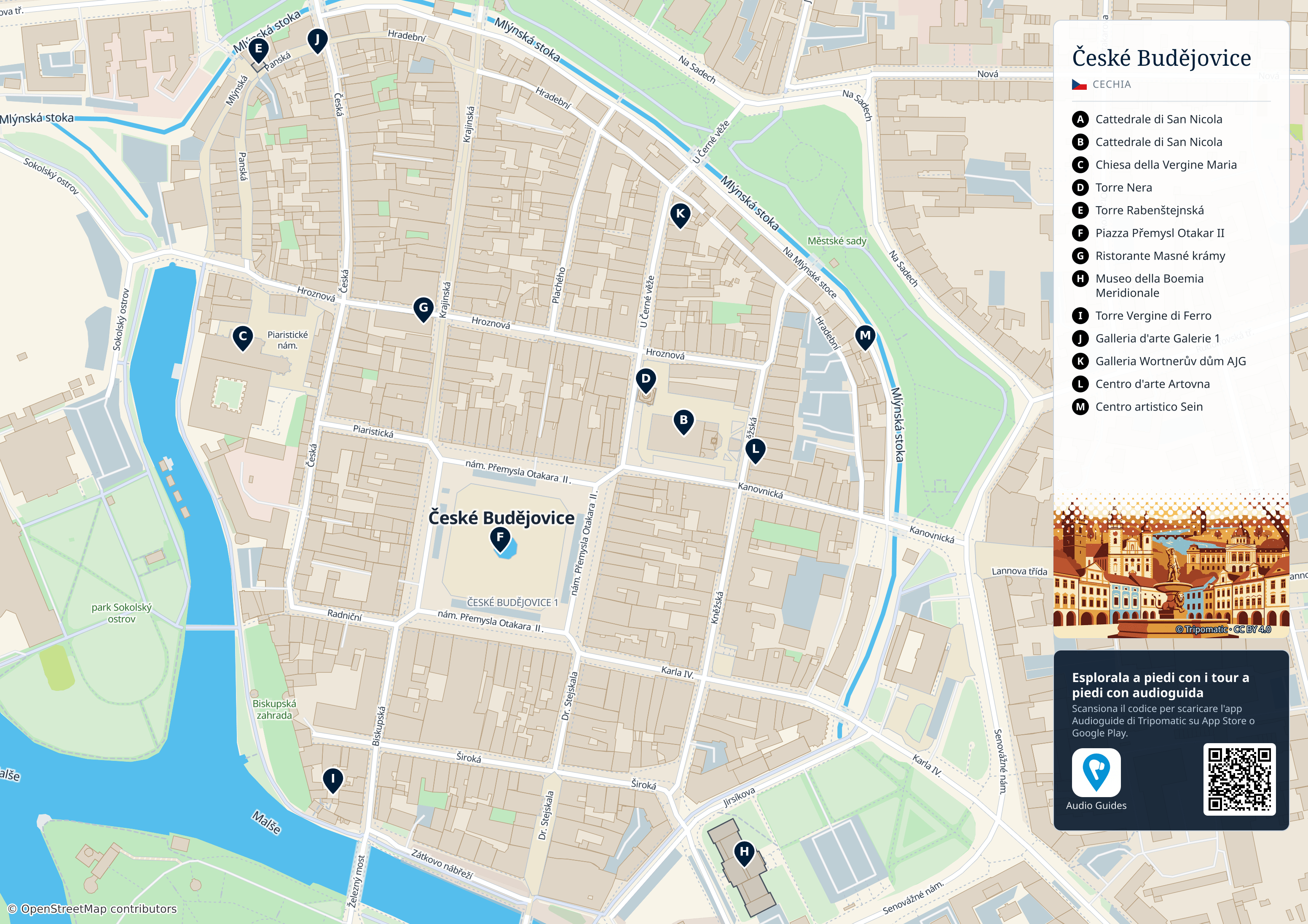 České Budějovice – mappa turistica stampabile con le migliori attrazioni numerate