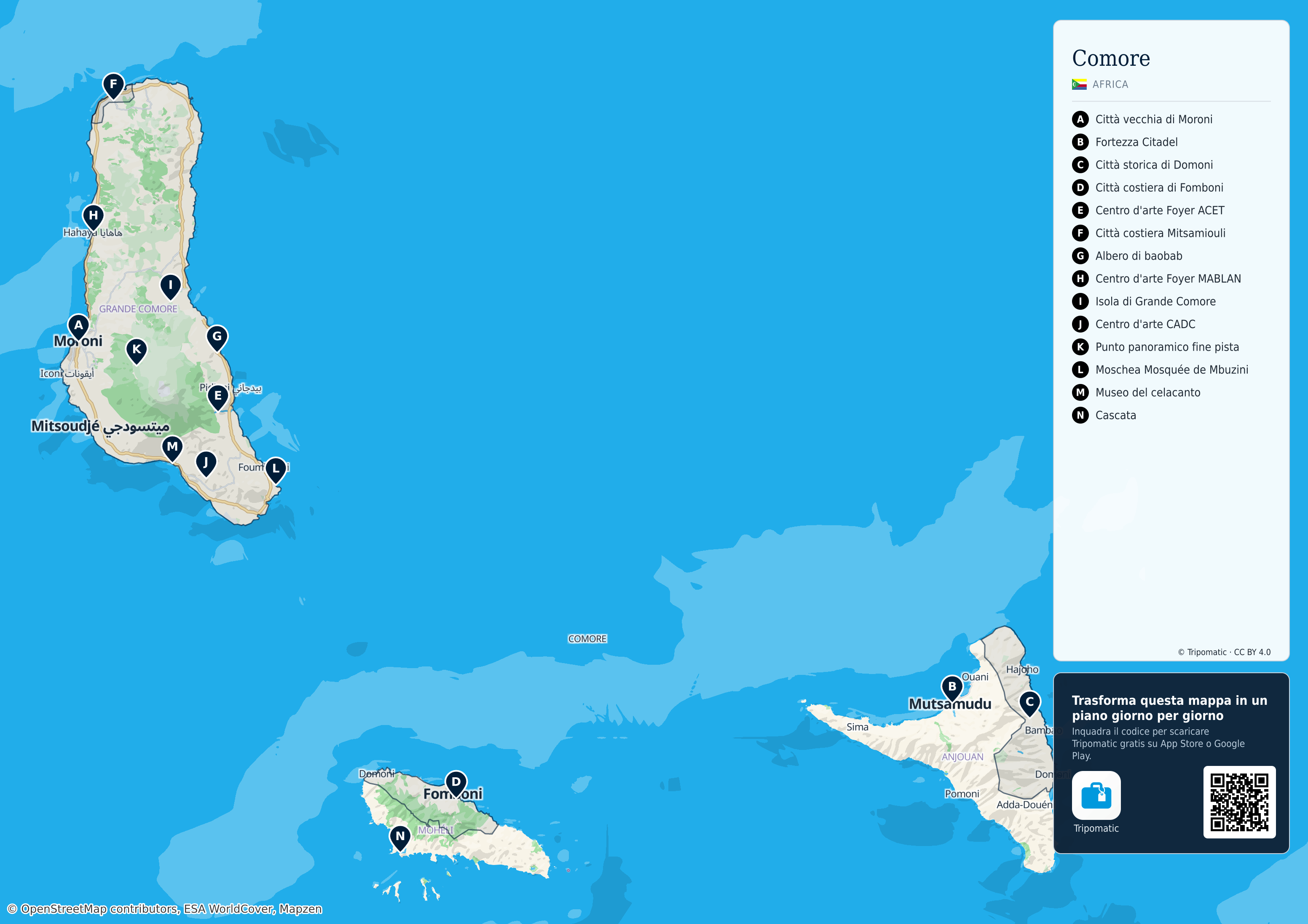 Comore – mappa turistica stampabile con le migliori attrazioni numerate