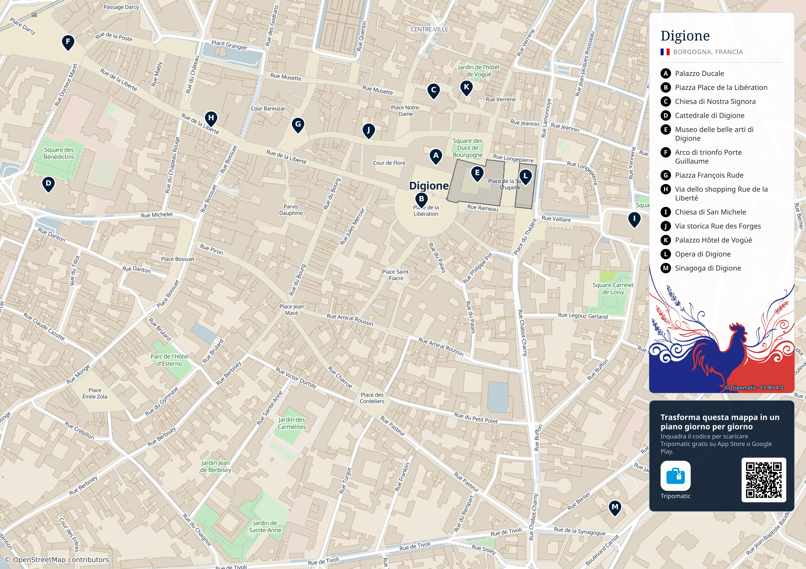 Digione – mappa turistica stampabile con le migliori attrazioni numerate