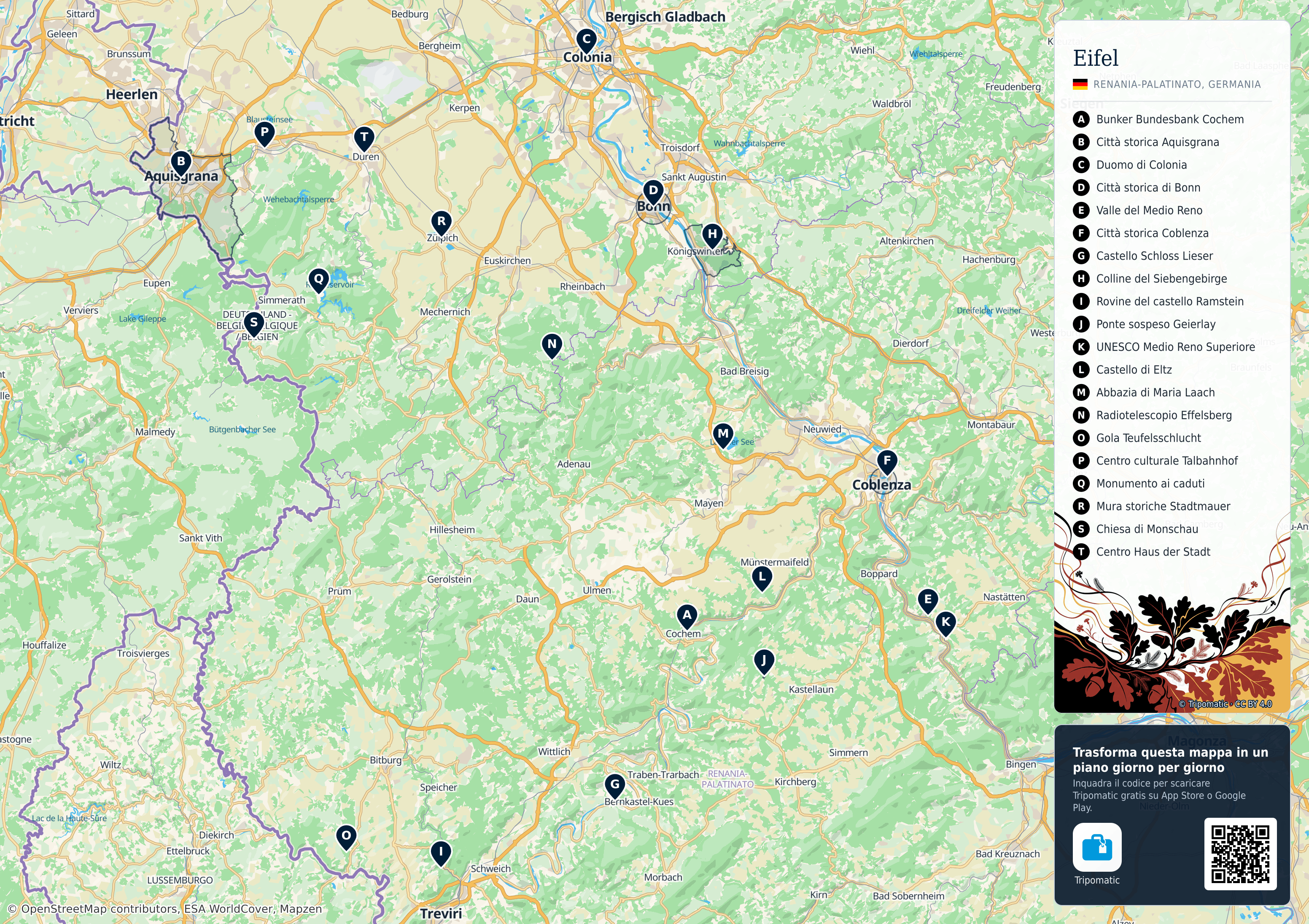 Eifel – mappa turistica stampabile con le migliori attrazioni numerate