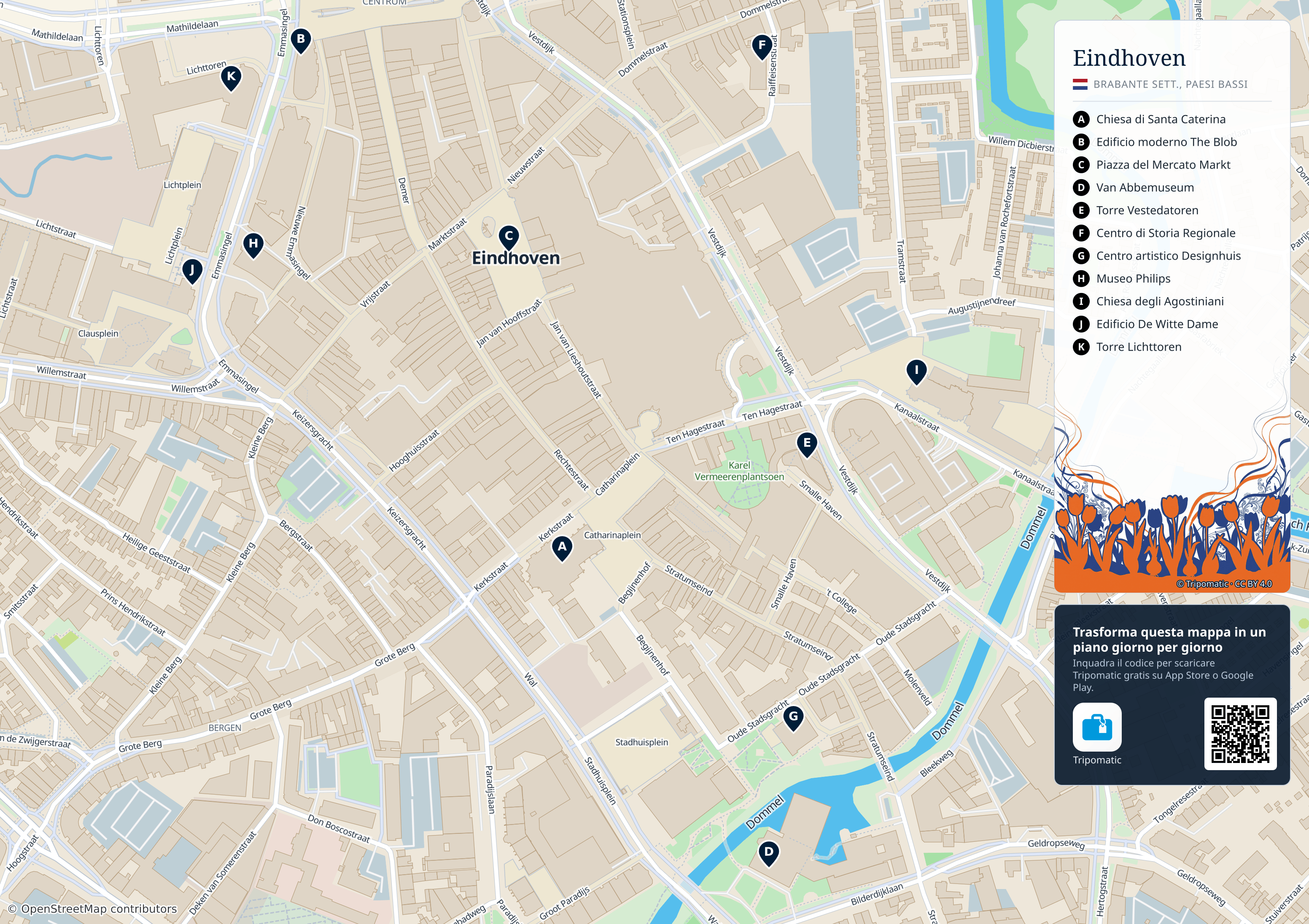 Eindhoven – mappa turistica stampabile con le migliori attrazioni numerate