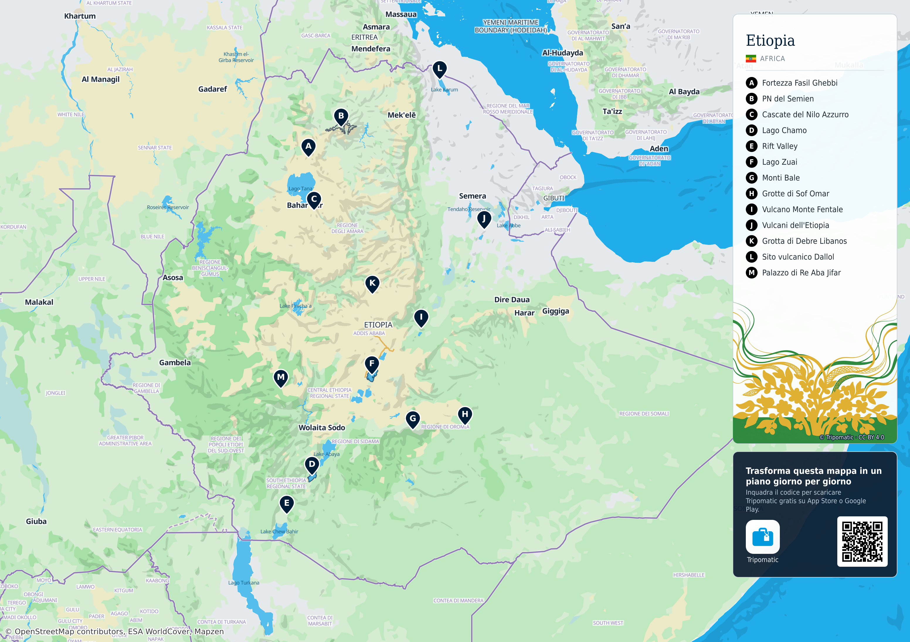 Etiopia – mappa turistica stampabile con le migliori attrazioni numerate