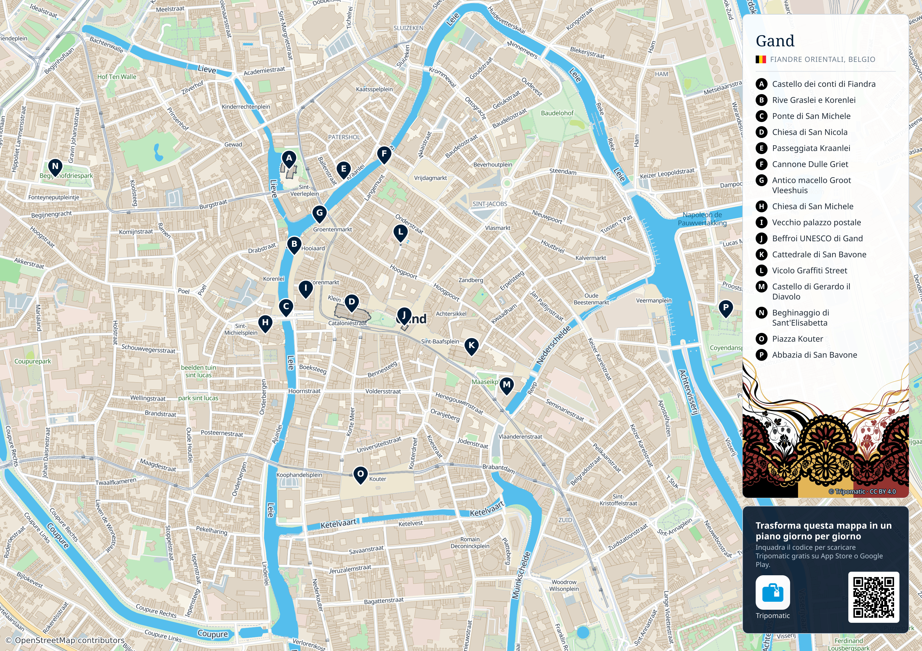 Gand – mappa turistica stampabile con le migliori attrazioni numerate