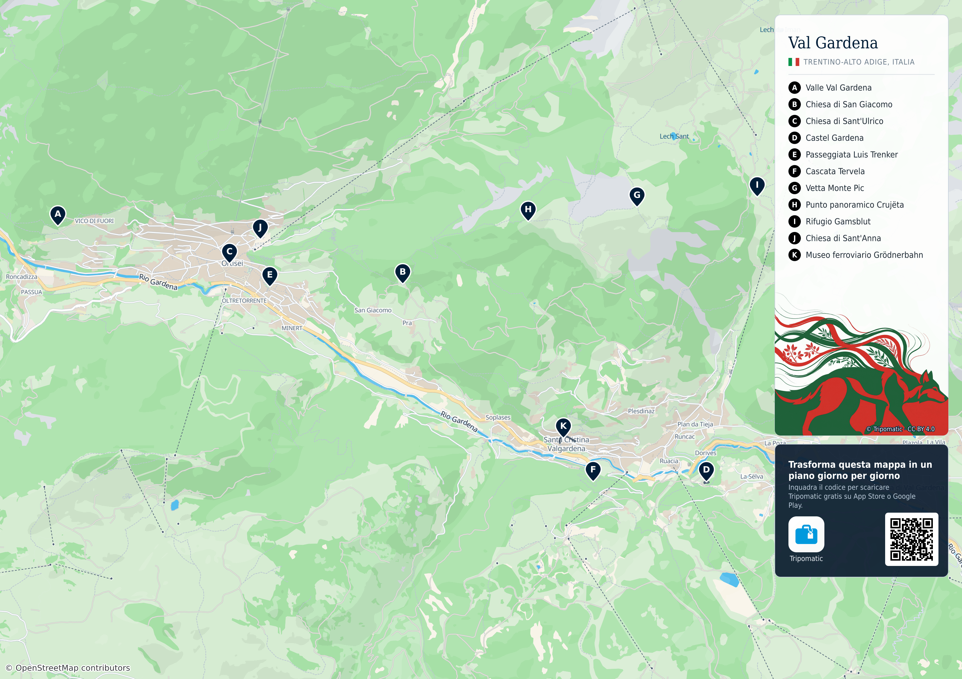 Val Gardena – mappa turistica stampabile con le migliori attrazioni numerate
