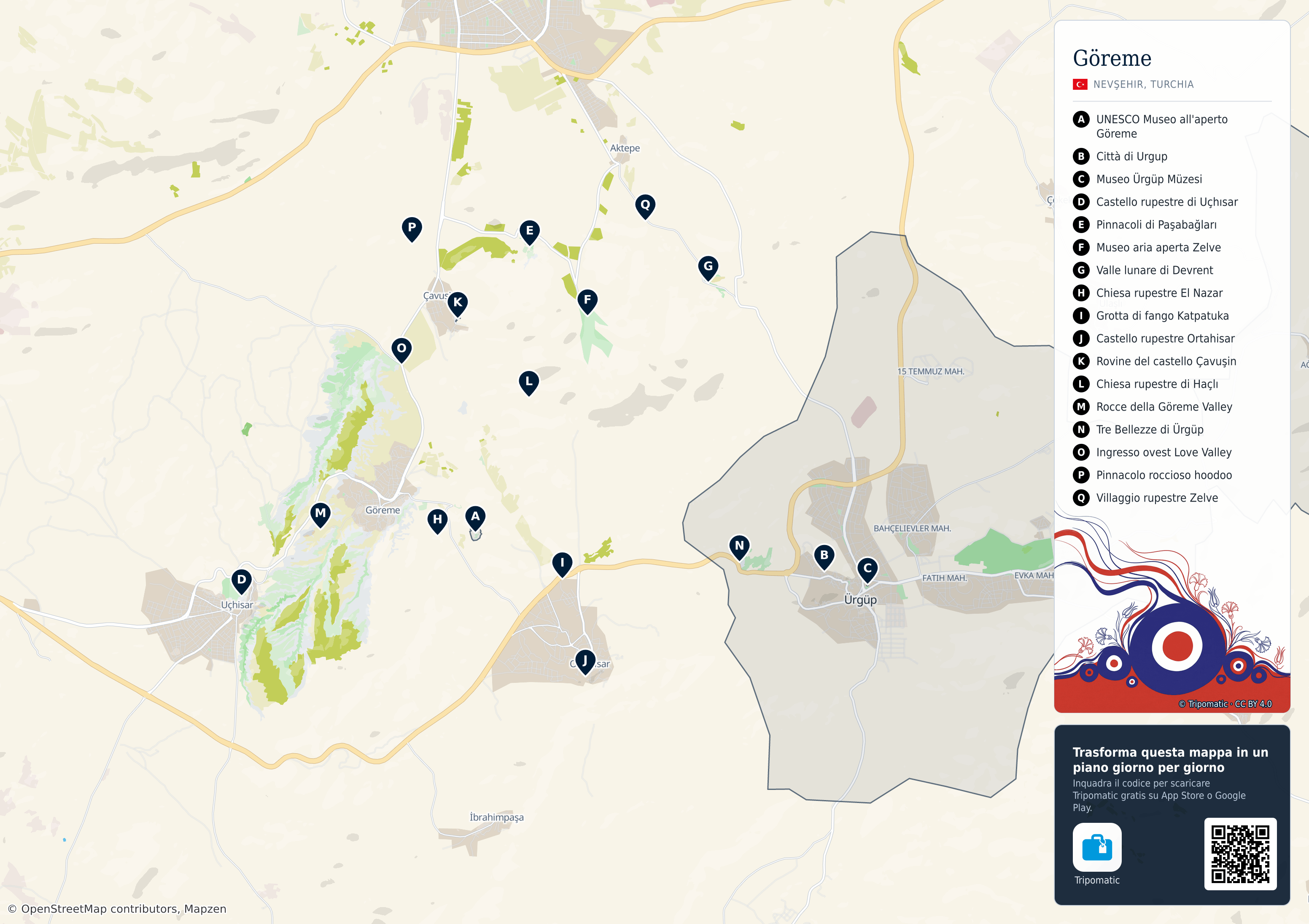 Parco nazionale di Göreme – mappa turistica stampabile con le migliori attrazioni numerate