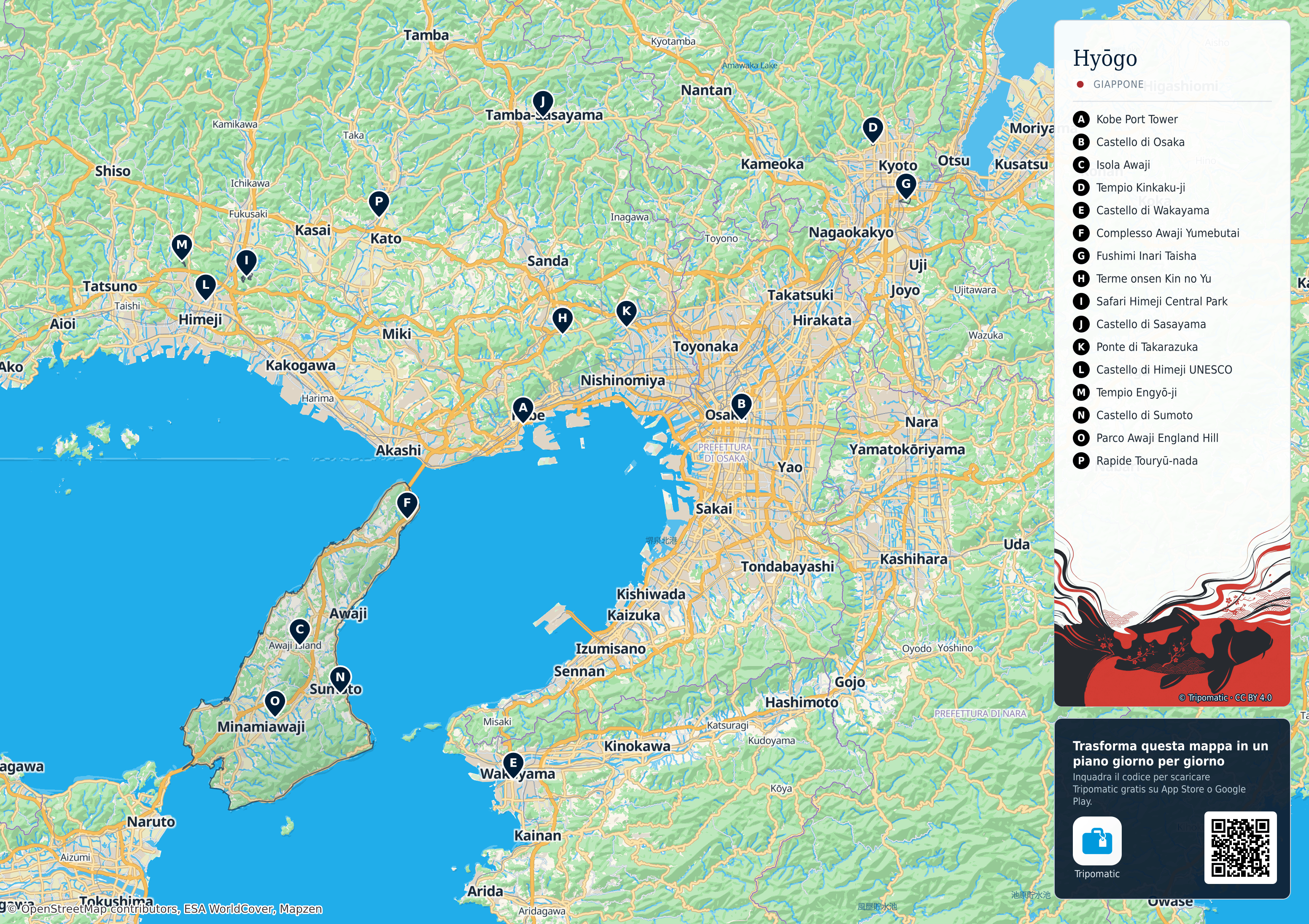 Prefettura di Hyōgo – mappa turistica stampabile con le migliori attrazioni numerate