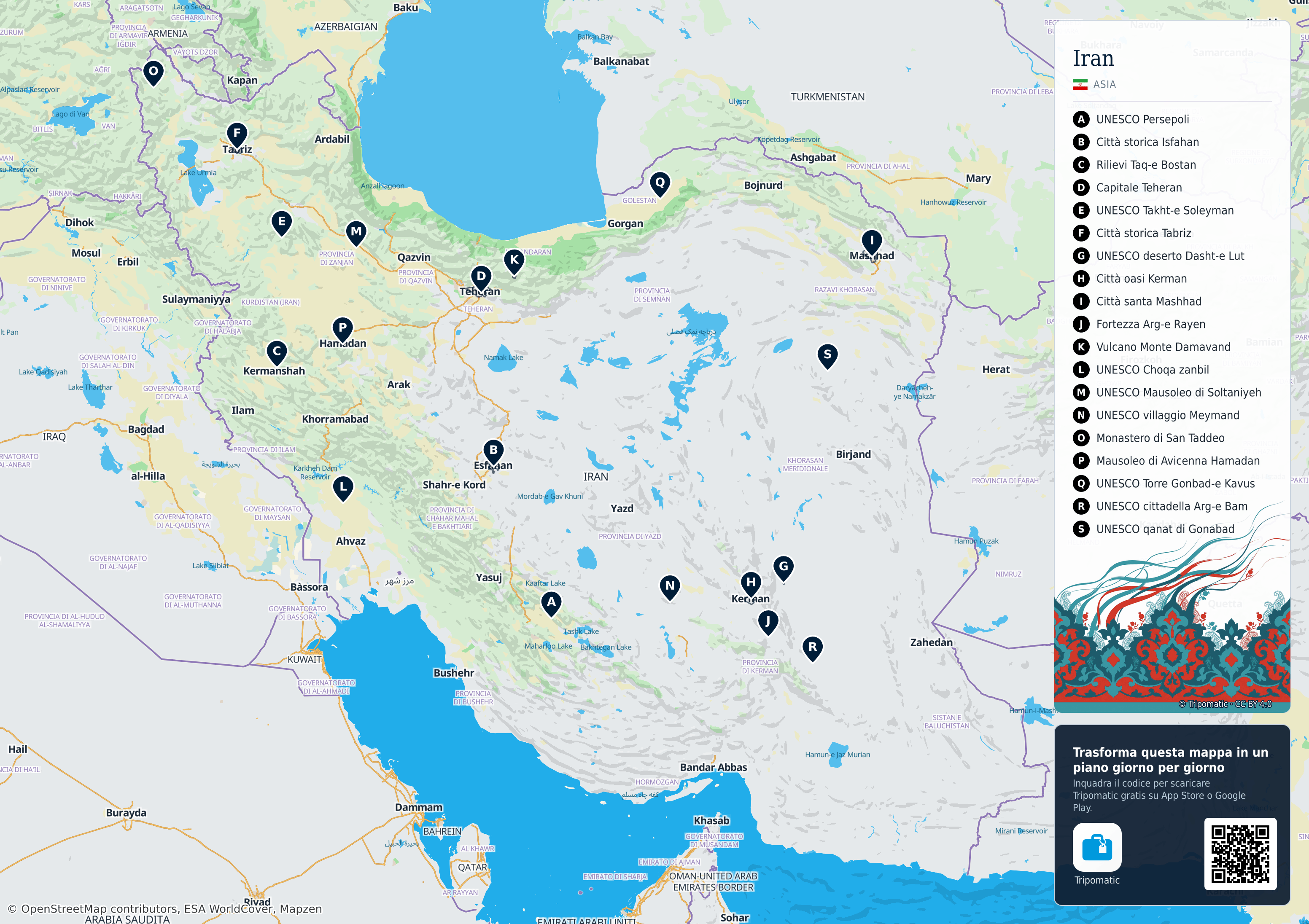 Iran – mappa turistica stampabile con le migliori attrazioni numerate
