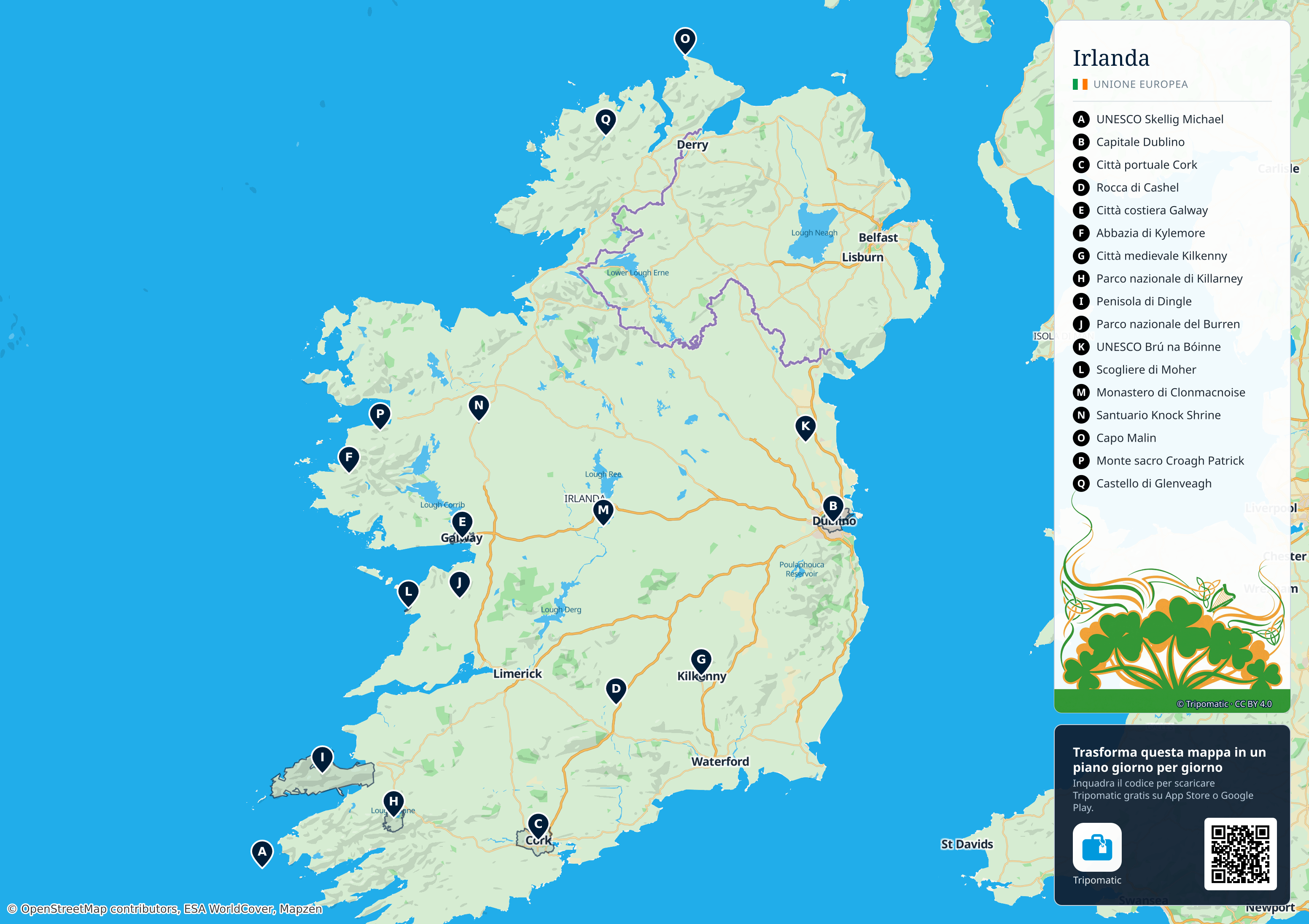 Irlanda – mappa turistica stampabile con le migliori attrazioni numerate
