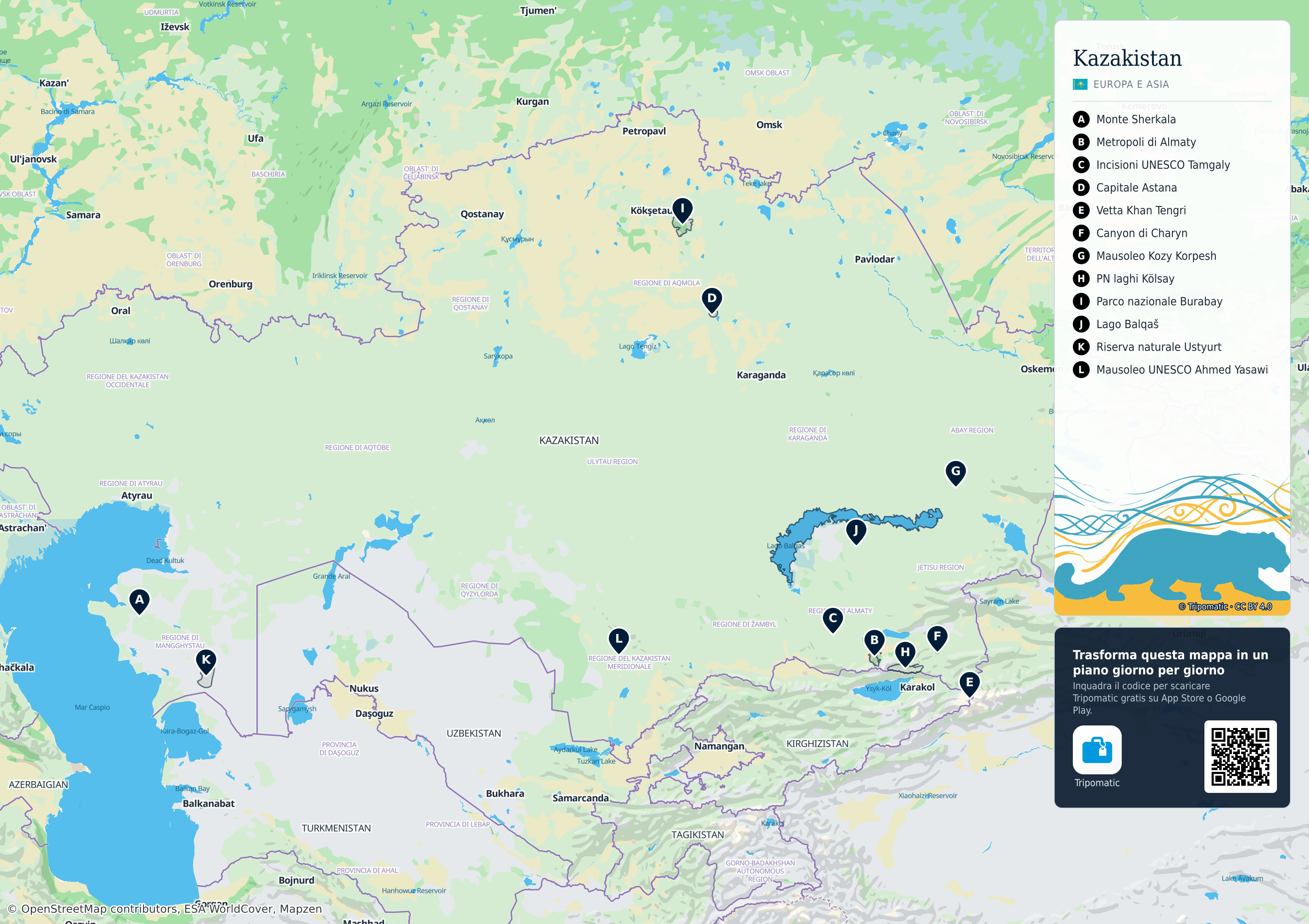 Kazakistan – mappa turistica stampabile con le migliori attrazioni numerate