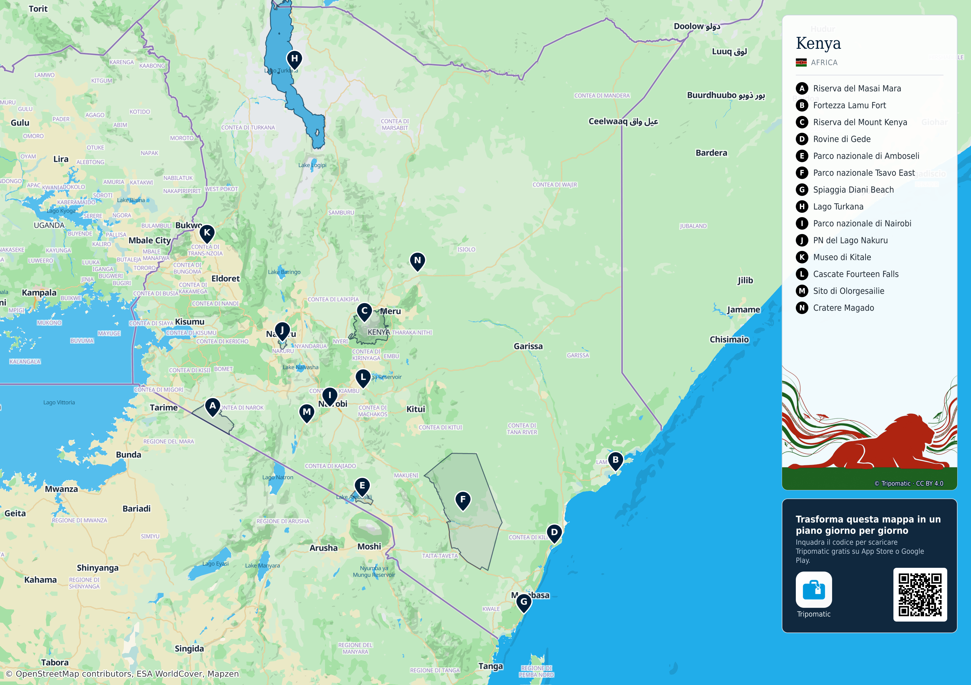 Kenya – mappa turistica stampabile con le migliori attrazioni numerate