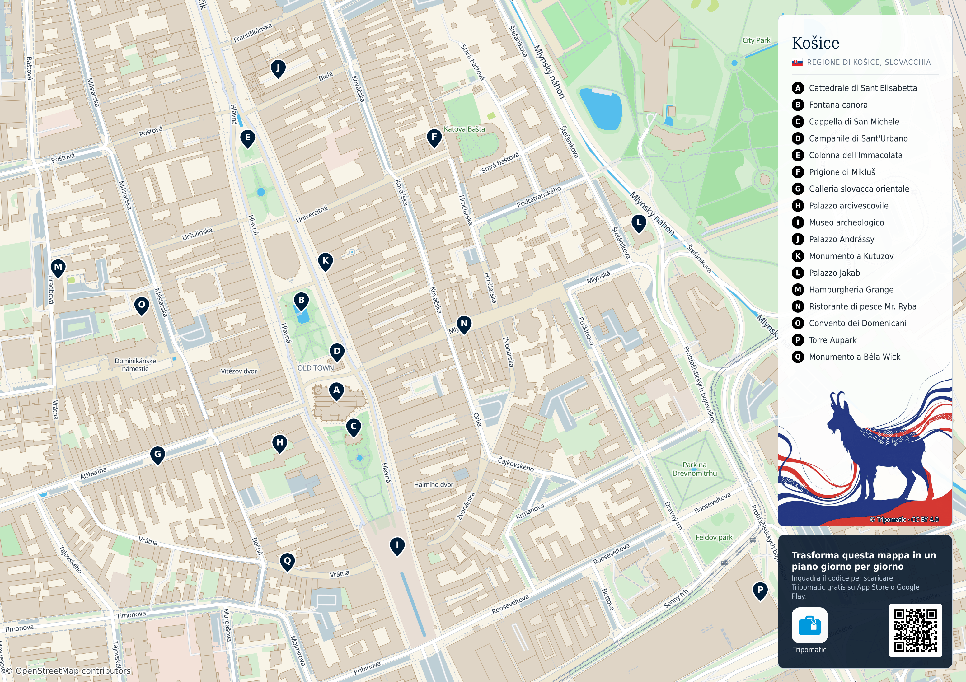 Košice – mappa turistica stampabile con le migliori attrazioni numerate
