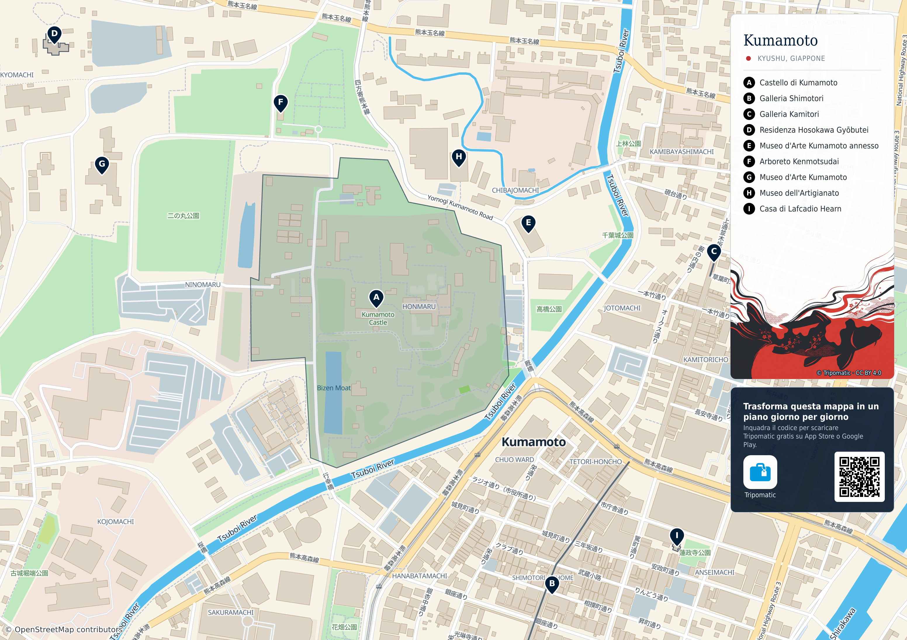 Kumamoto – mappa turistica stampabile con le migliori attrazioni numerate