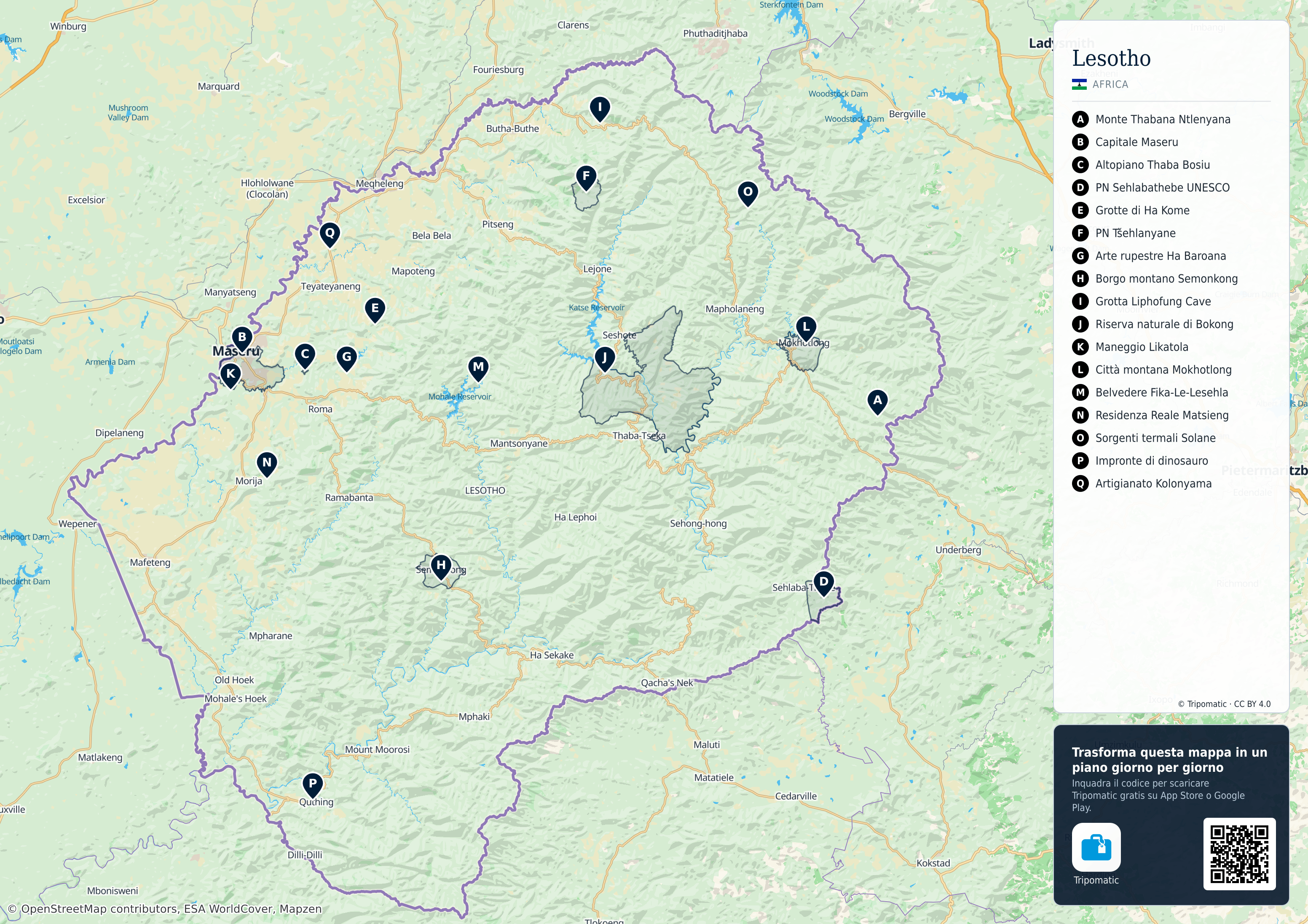 Lesotho – mappa turistica stampabile con le migliori attrazioni numerate