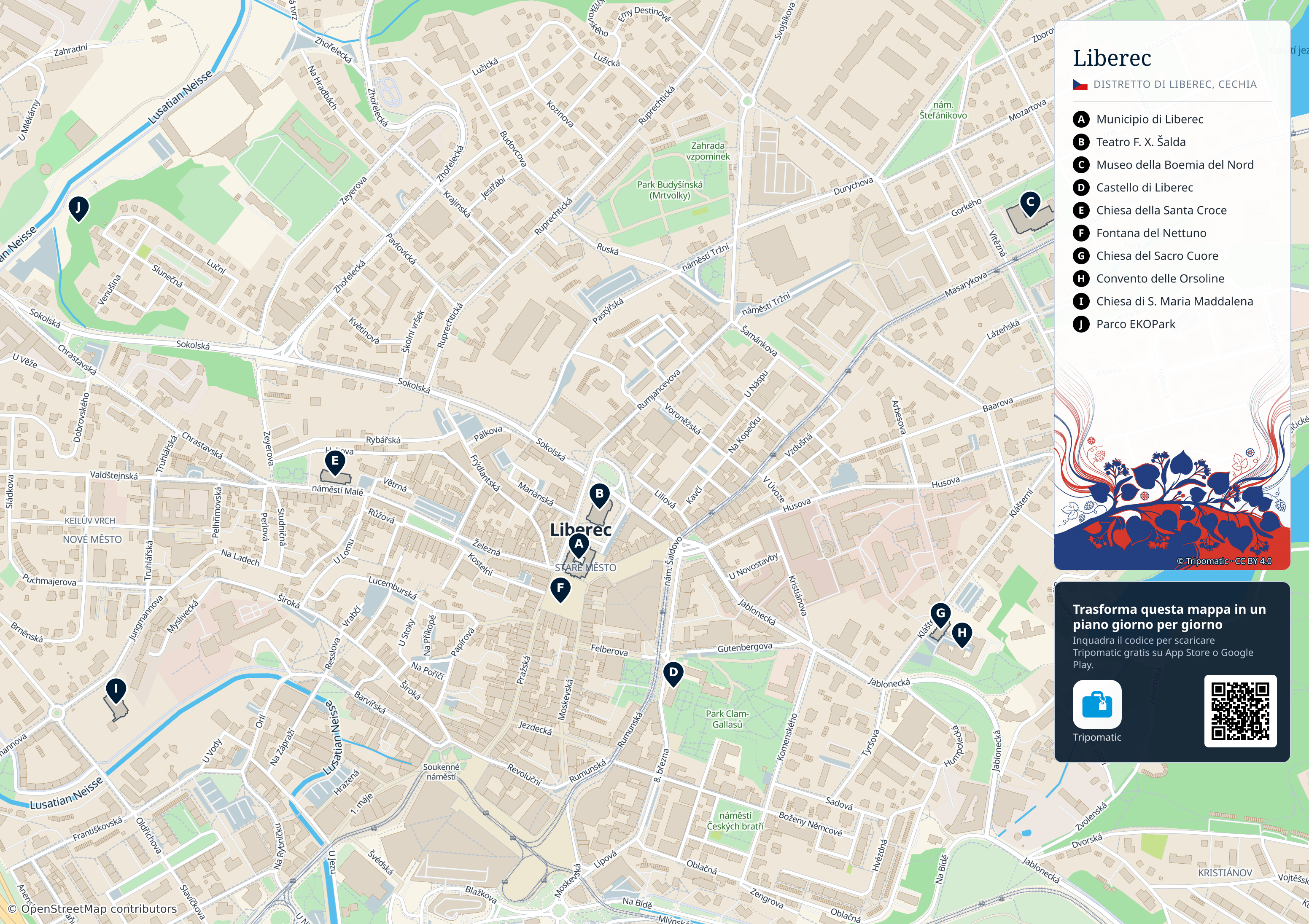 Liberec – mappa turistica stampabile con le migliori attrazioni numerate
