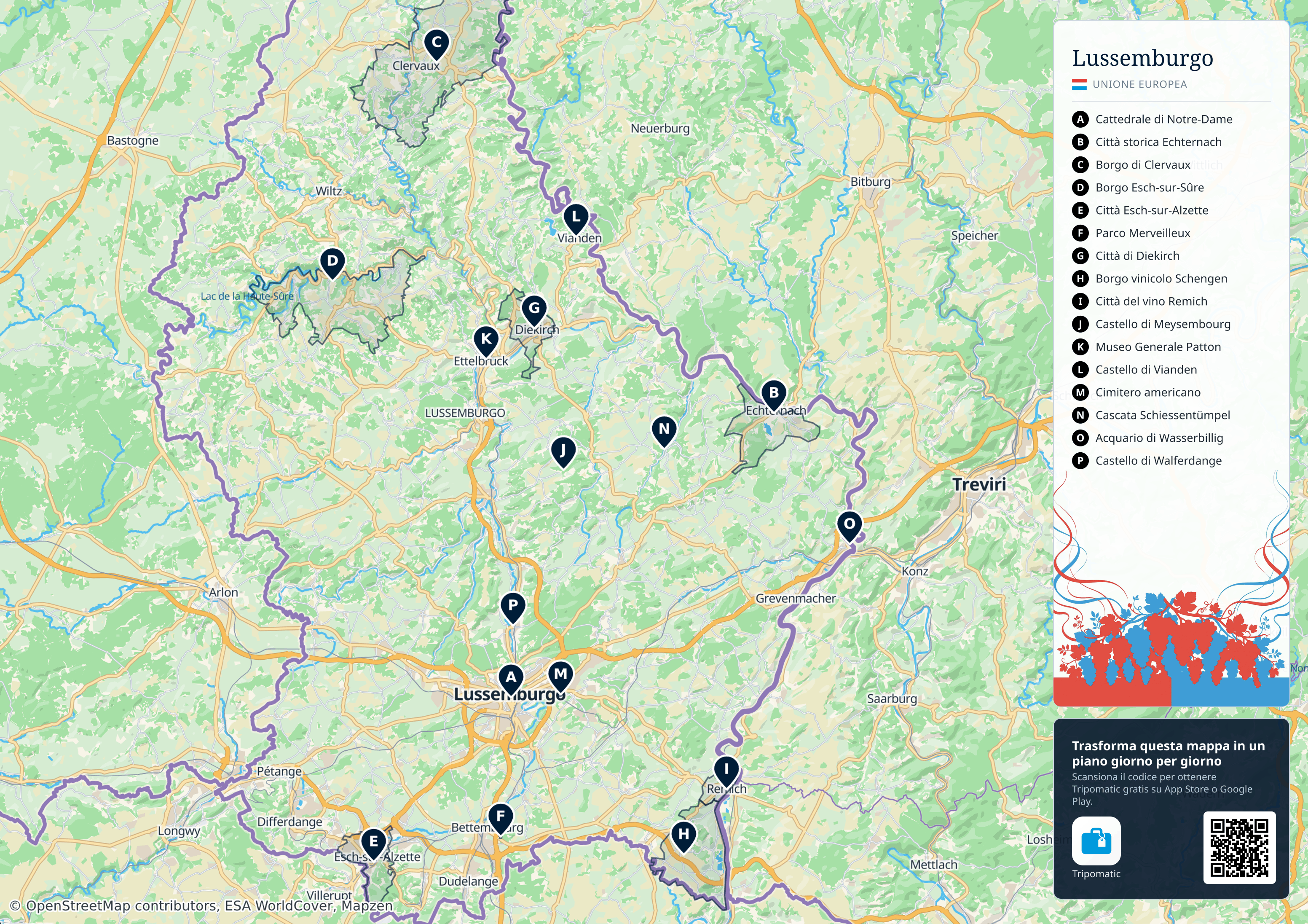 Lussemburgo – mappa turistica stampabile con le migliori attrazioni numerate