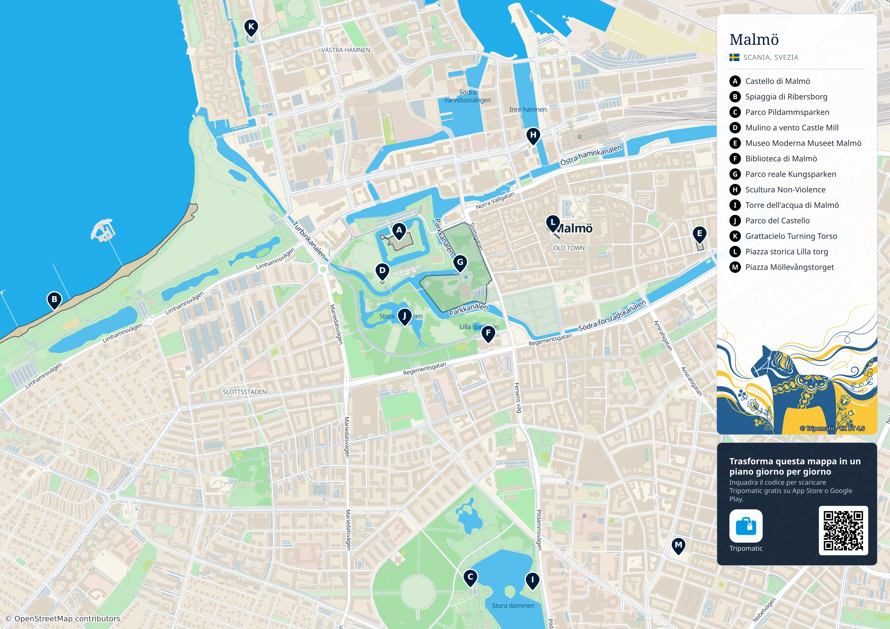 Malmö – mappa turistica stampabile con le migliori attrazioni numerate
