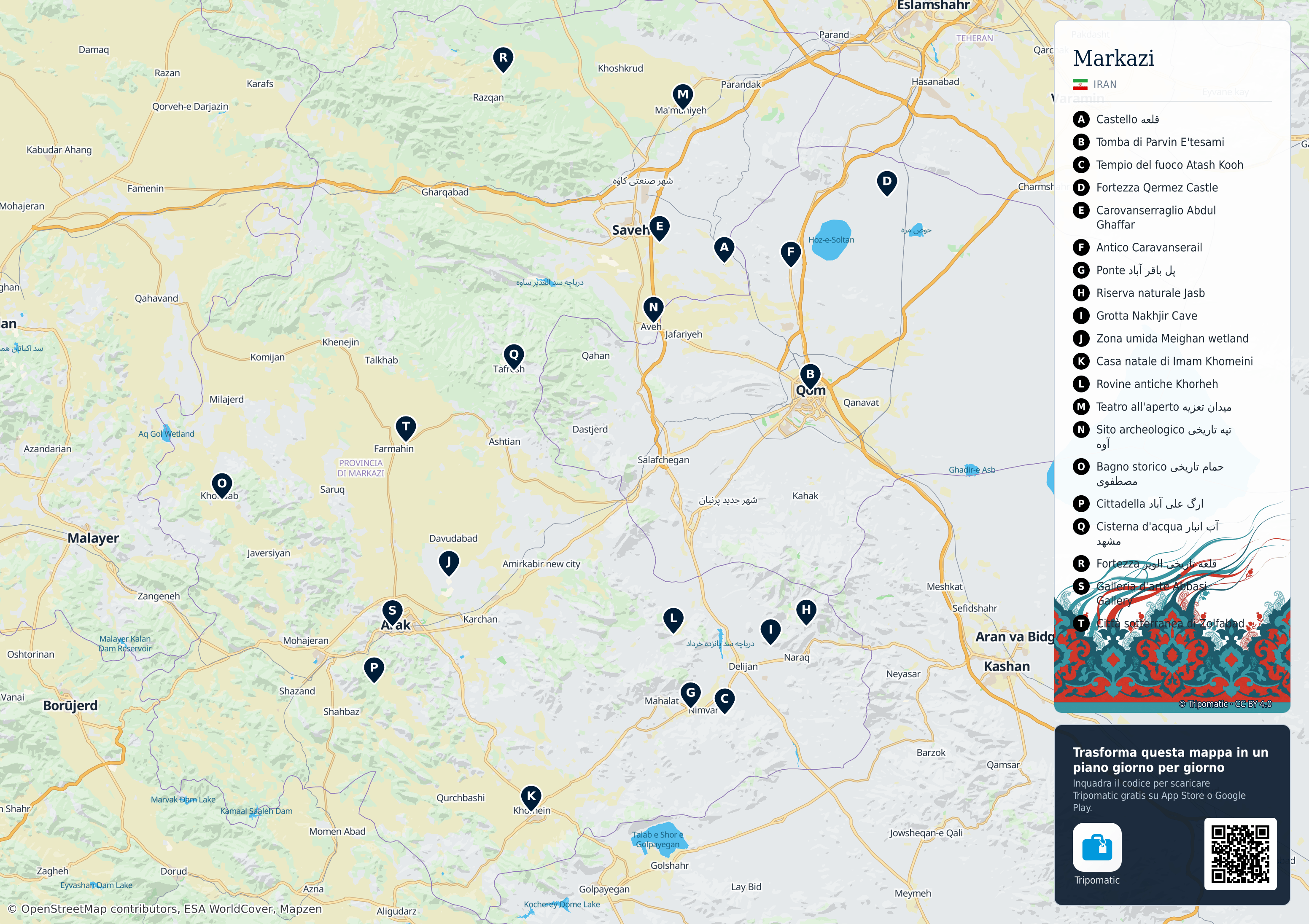 provincia di Markazi – mappa turistica stampabile con le migliori attrazioni numerate