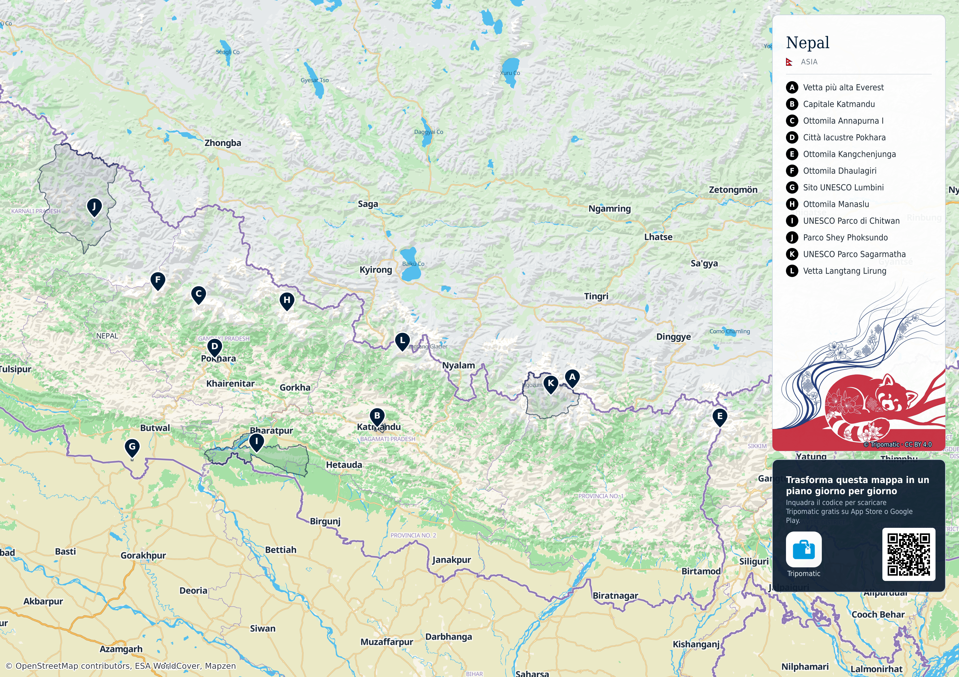 Nepal – mappa turistica stampabile con le migliori attrazioni numerate