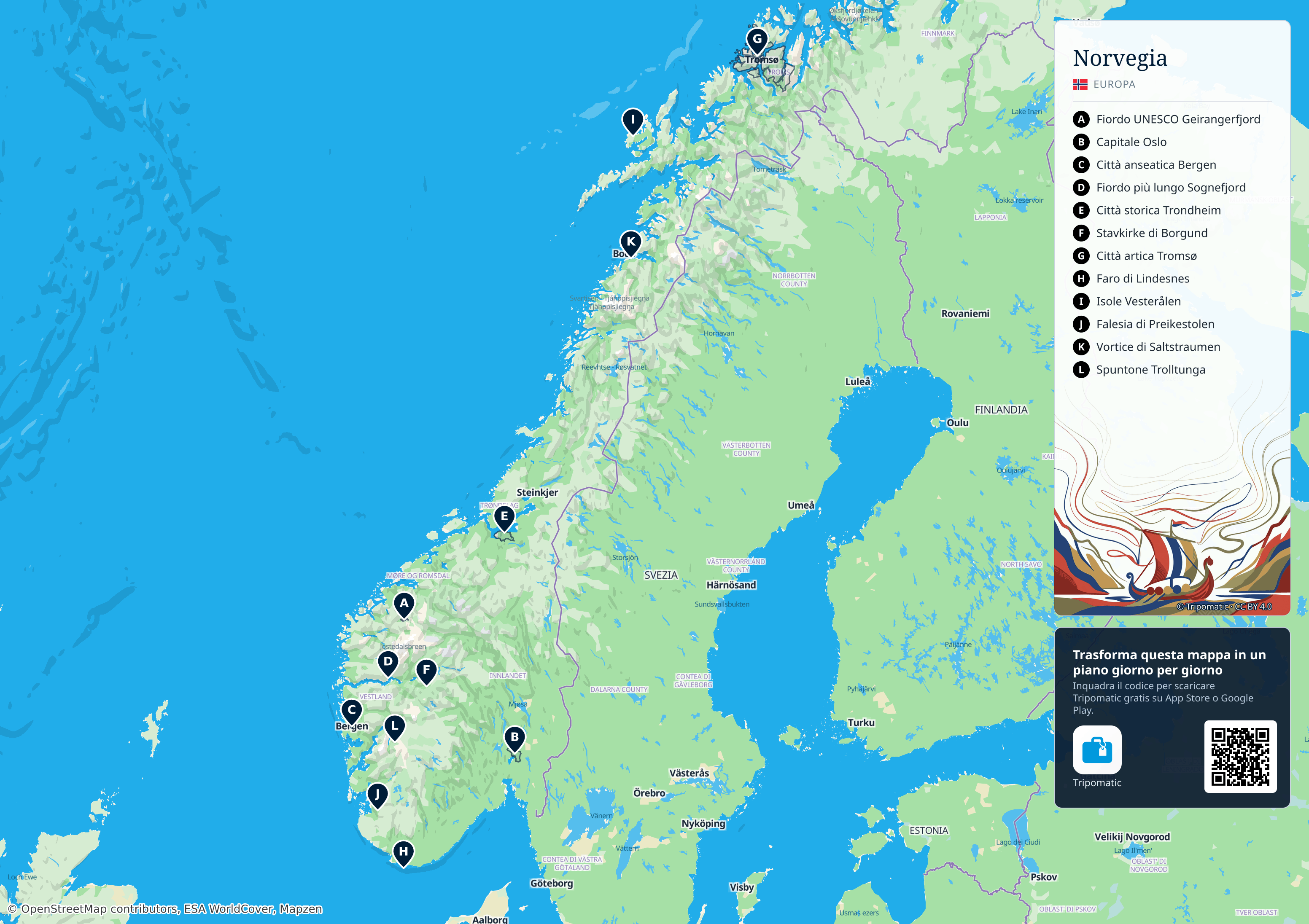 Norvegia – mappa turistica stampabile con le migliori attrazioni numerate