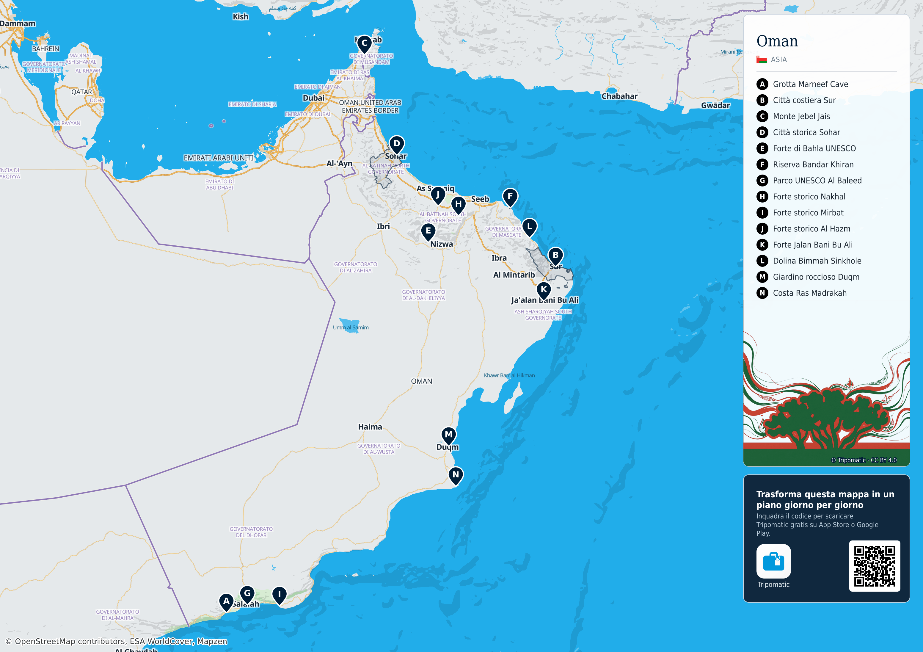 Oman – mappa turistica stampabile con le migliori attrazioni numerate