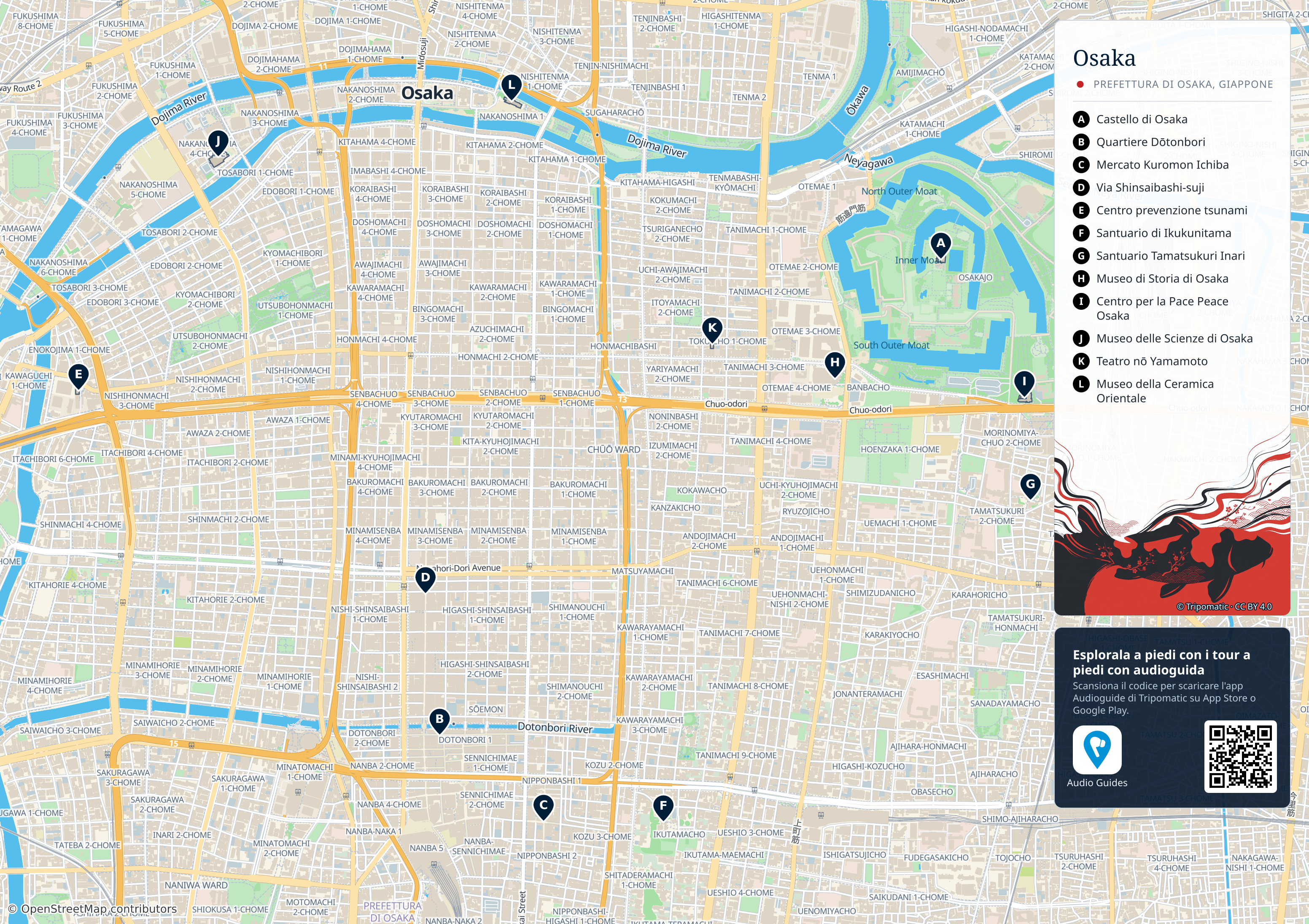 Osaka – mappa turistica stampabile con le migliori attrazioni numerate