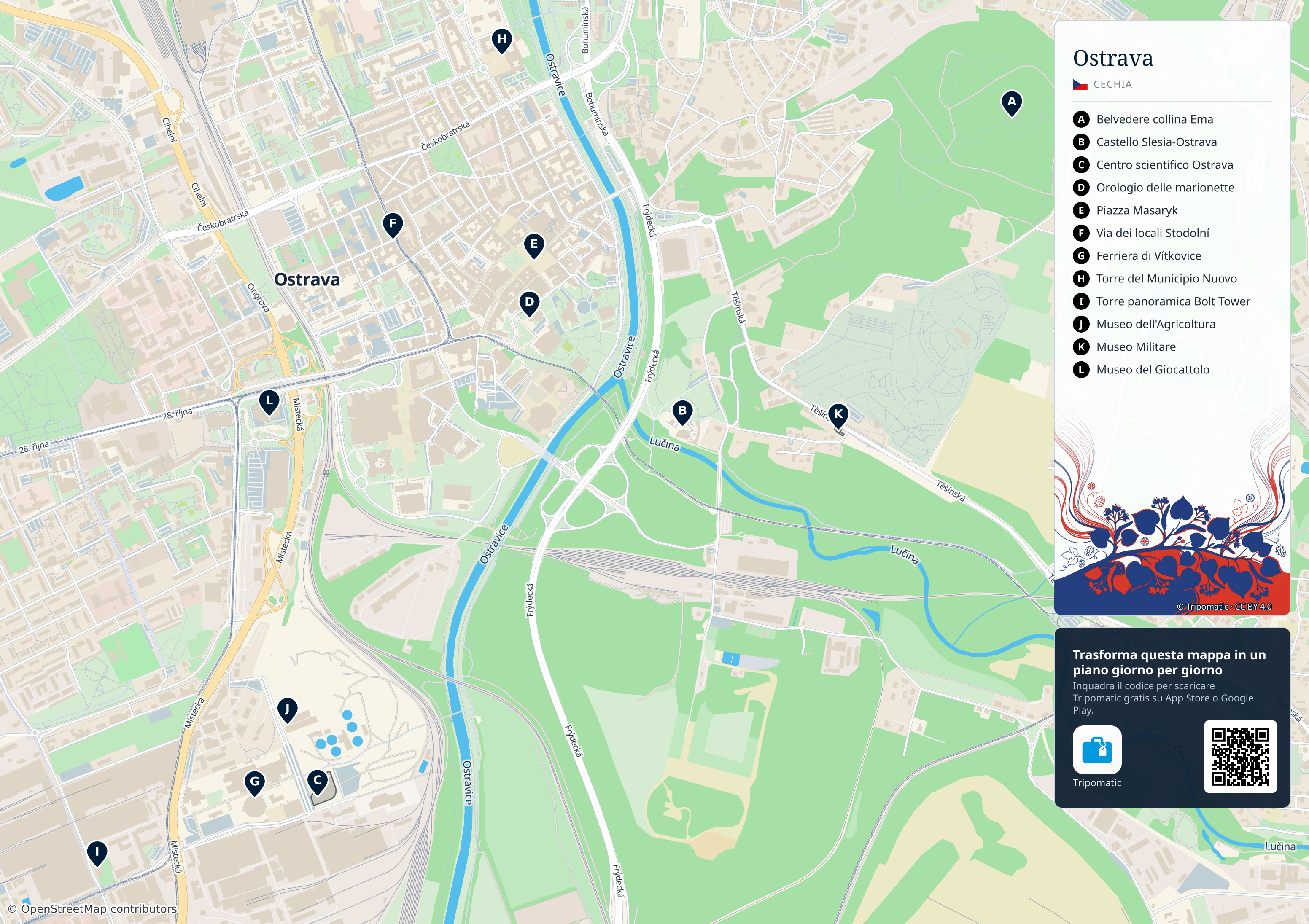Ostrava – mappa turistica stampabile con le migliori attrazioni numerate