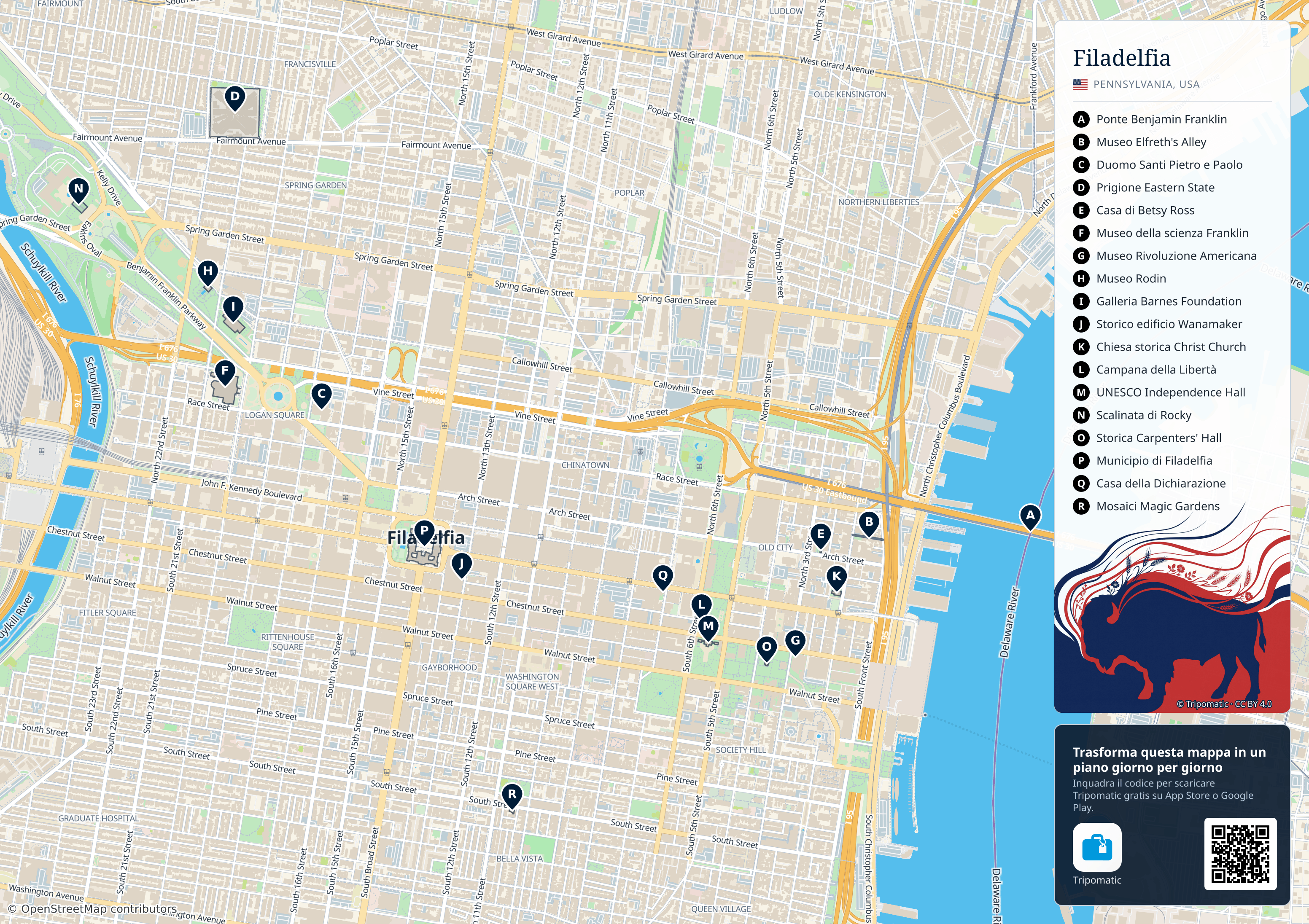Filadelfia – mappa turistica stampabile con le migliori attrazioni numerate