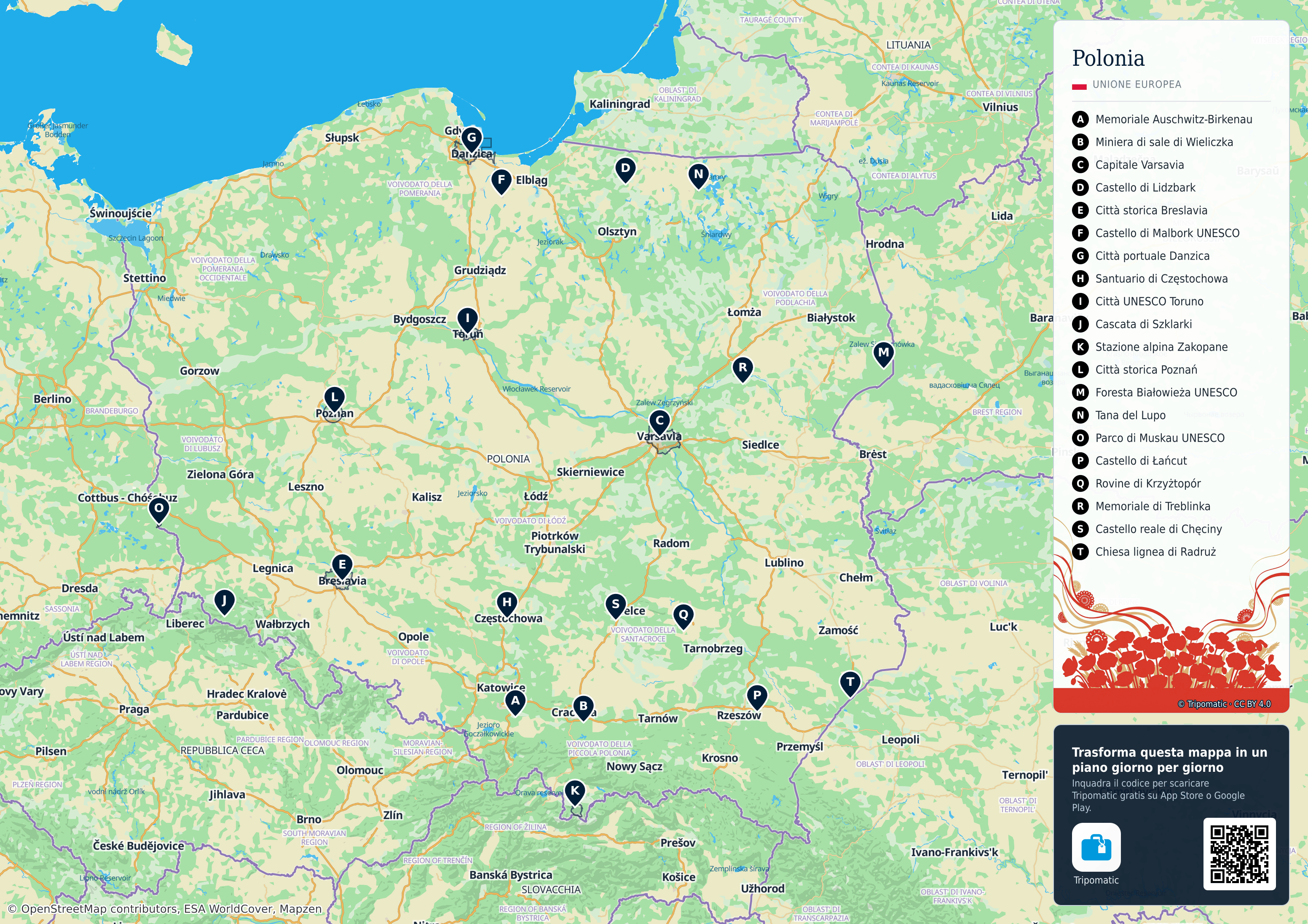 Polonia – mappa turistica stampabile con le migliori attrazioni numerate