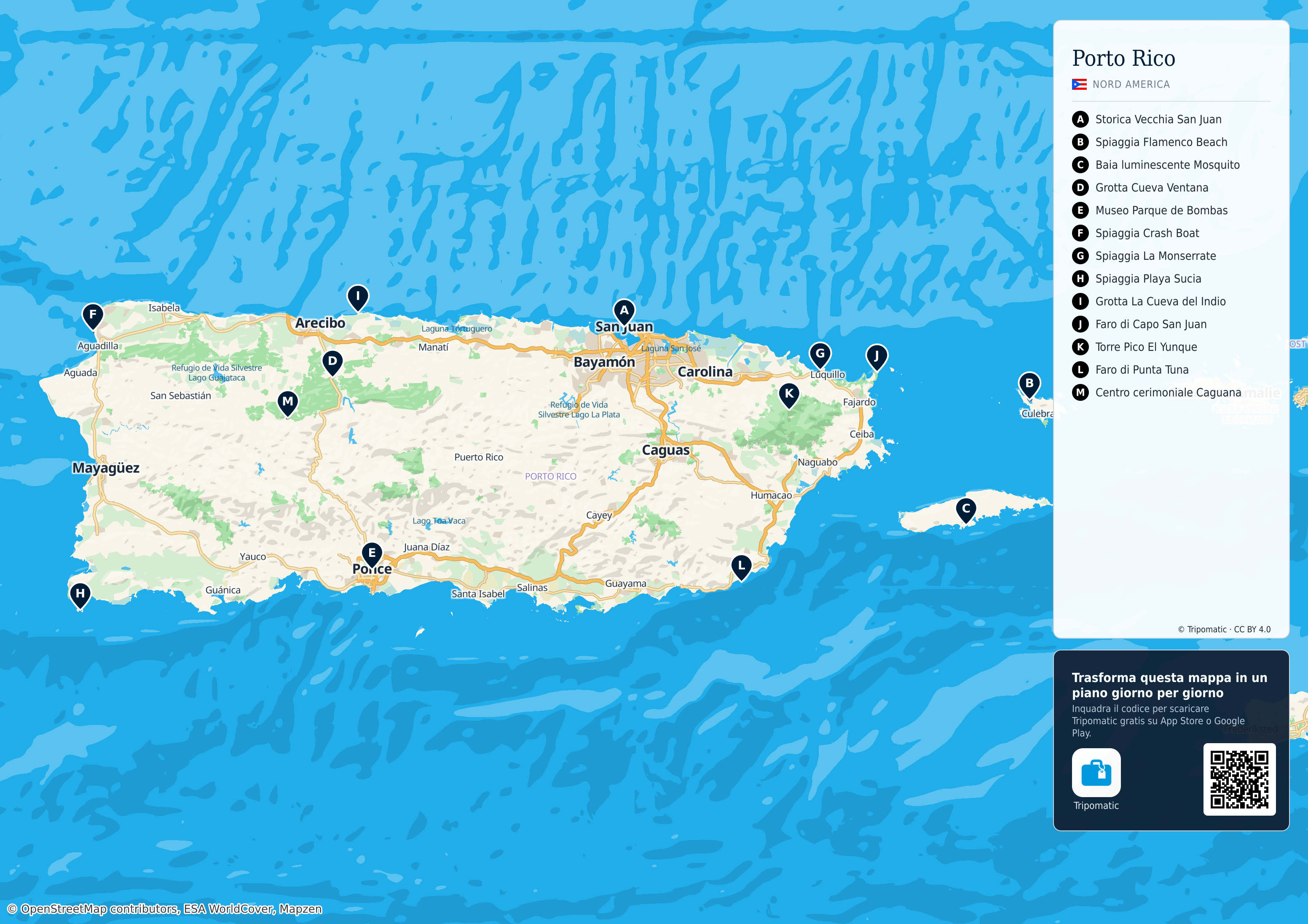 Porto Rico – mappa turistica stampabile con le migliori attrazioni numerate