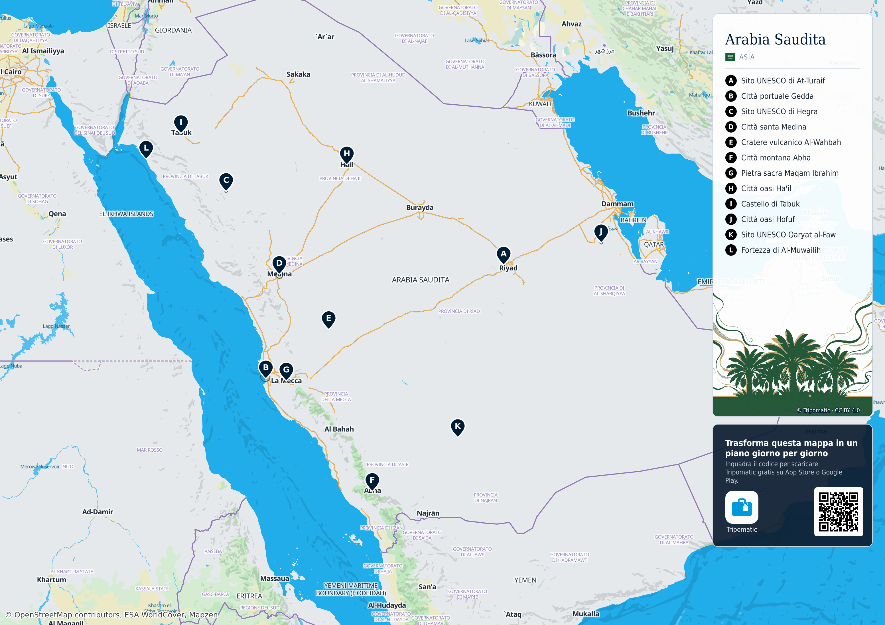 Arabia Saudita – mappa turistica stampabile con le migliori attrazioni numerate