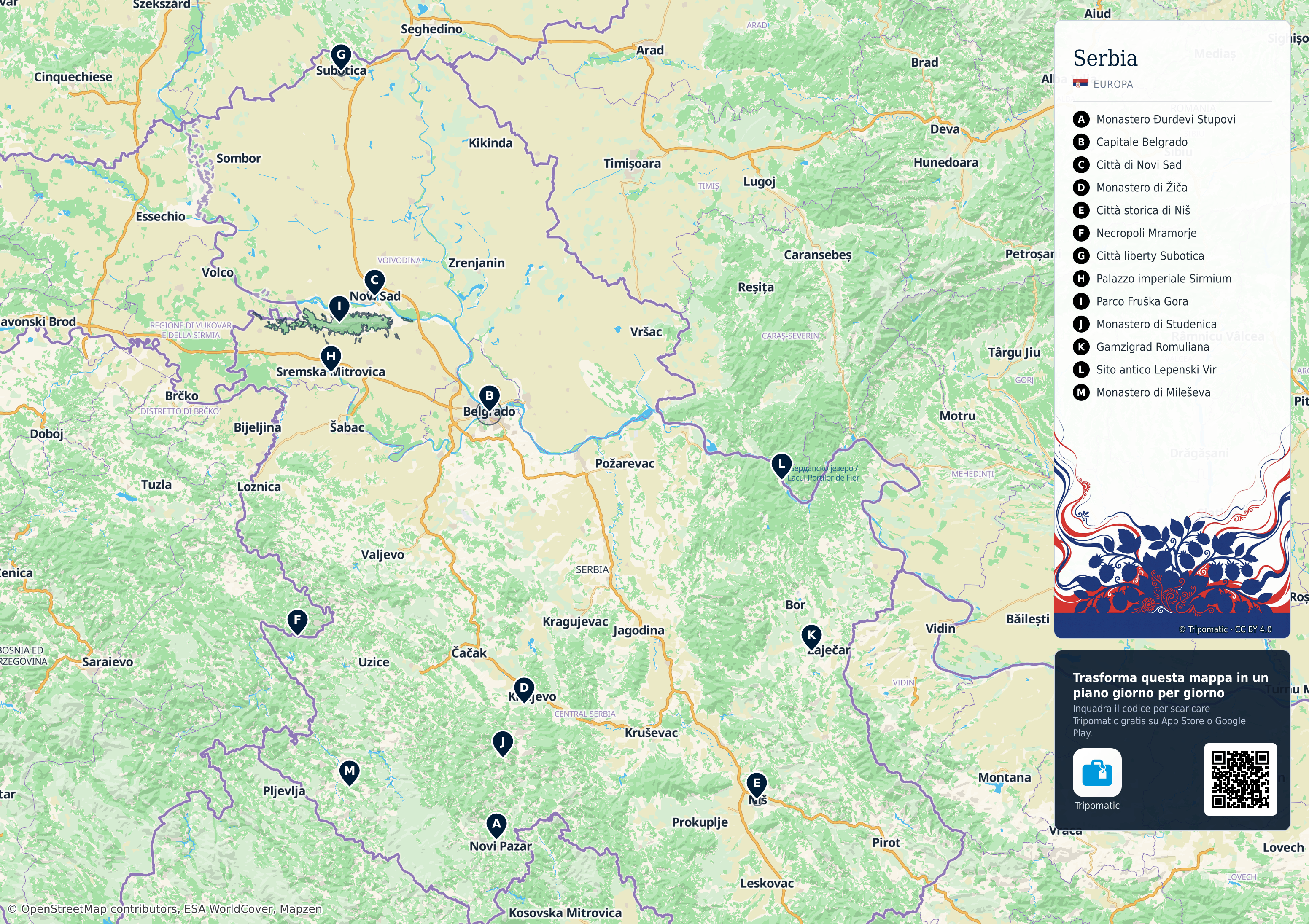 Serbia – mappa turistica stampabile con le migliori attrazioni numerate
