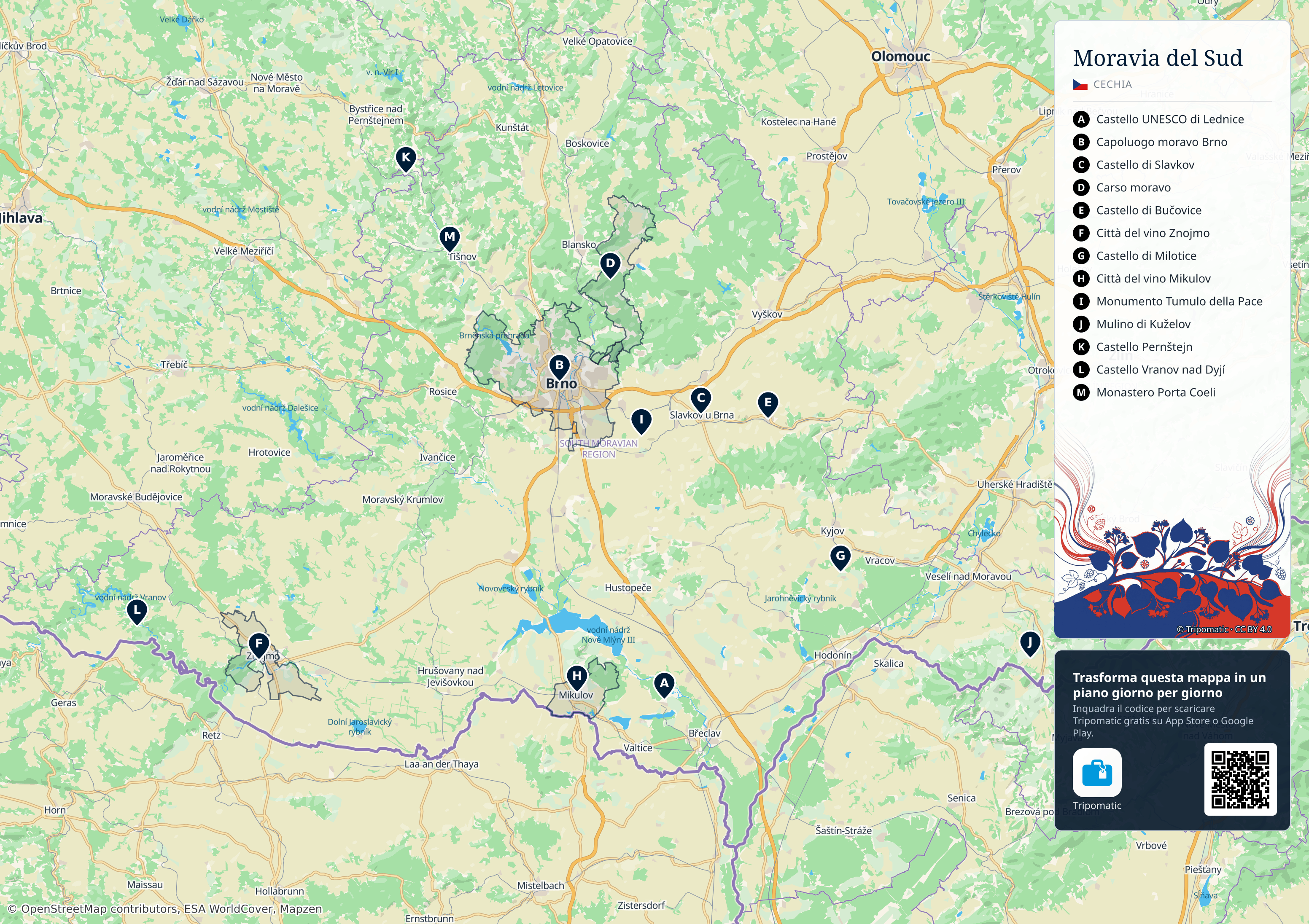 Moravia Meridionale – mappa turistica stampabile con le migliori attrazioni numerate