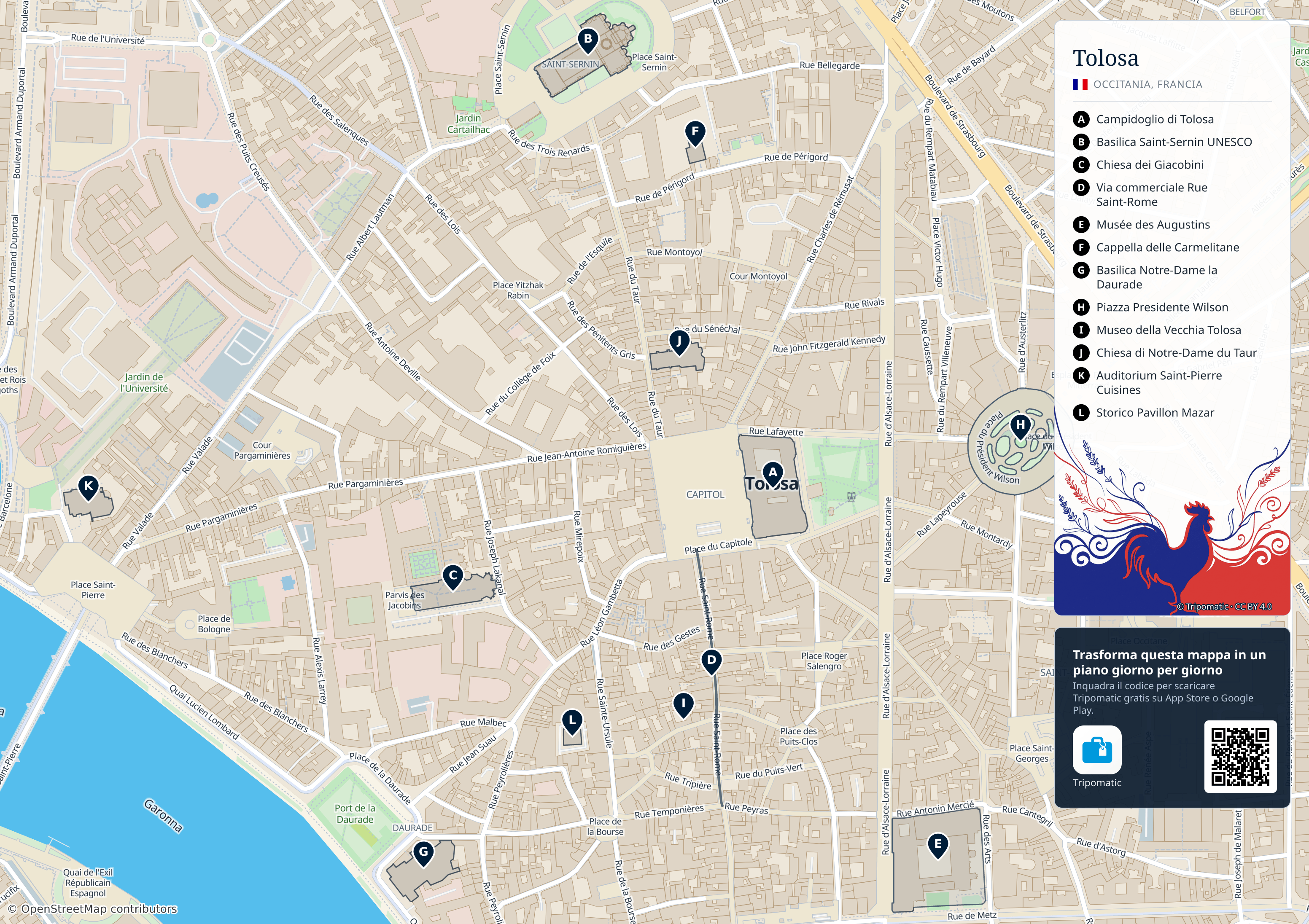 Tolosa – mappa turistica stampabile con le migliori attrazioni numerate