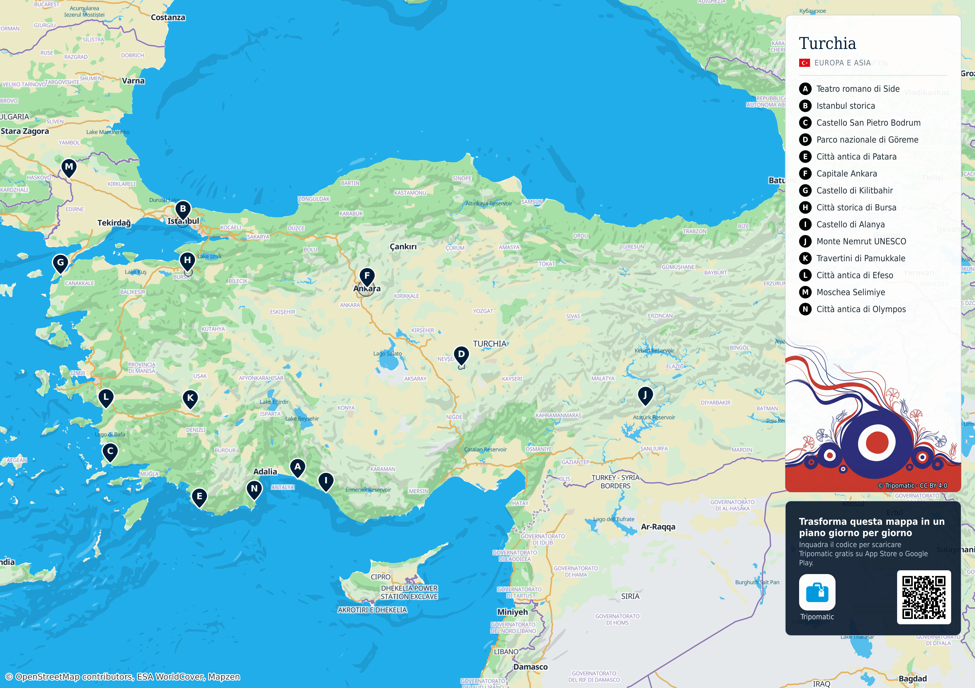 Turchia – mappa turistica stampabile con le migliori attrazioni numerate